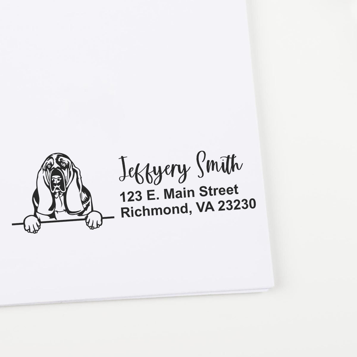 Custom rubber return address stamp with dog illustration for Jeffery Smith, Richmond, VA 23230