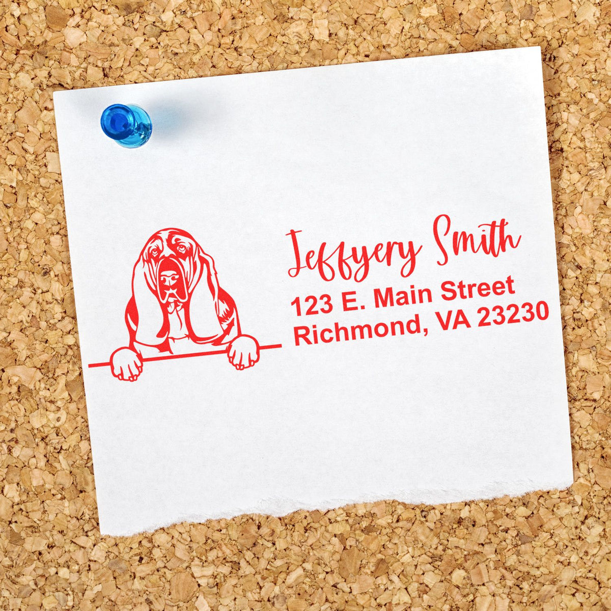 Custom dog address rubber stamp with name and Richmond, VA details for personalized pet lover mailings and return envelopes.