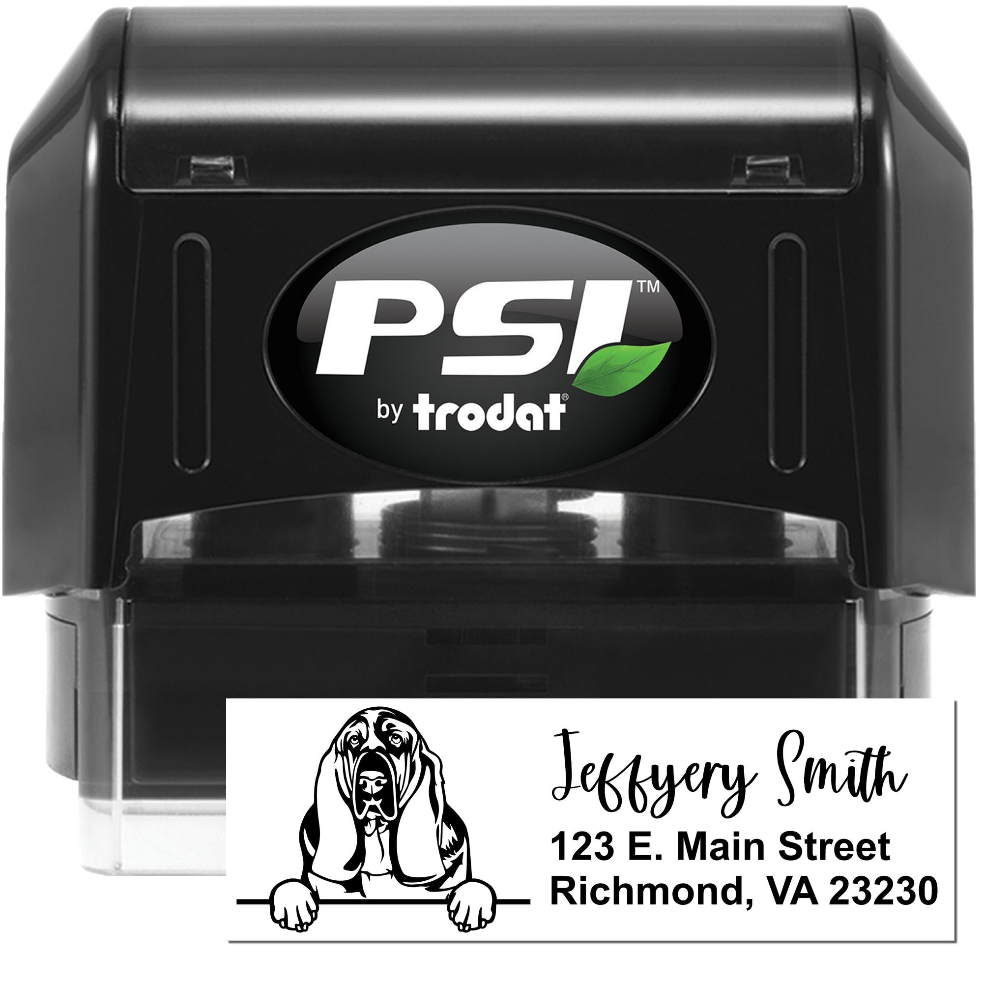 PSI by Trodat self-inking rubber stamp with custom dog address design for personalized mailing and return address use.