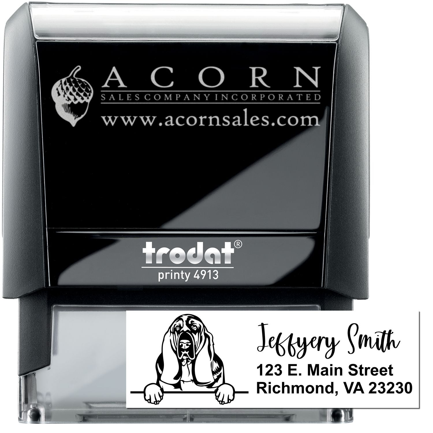 Custom self-inking rubber stamp, Trodat Printy 4913, with logo and personalized address imprint for business branding.