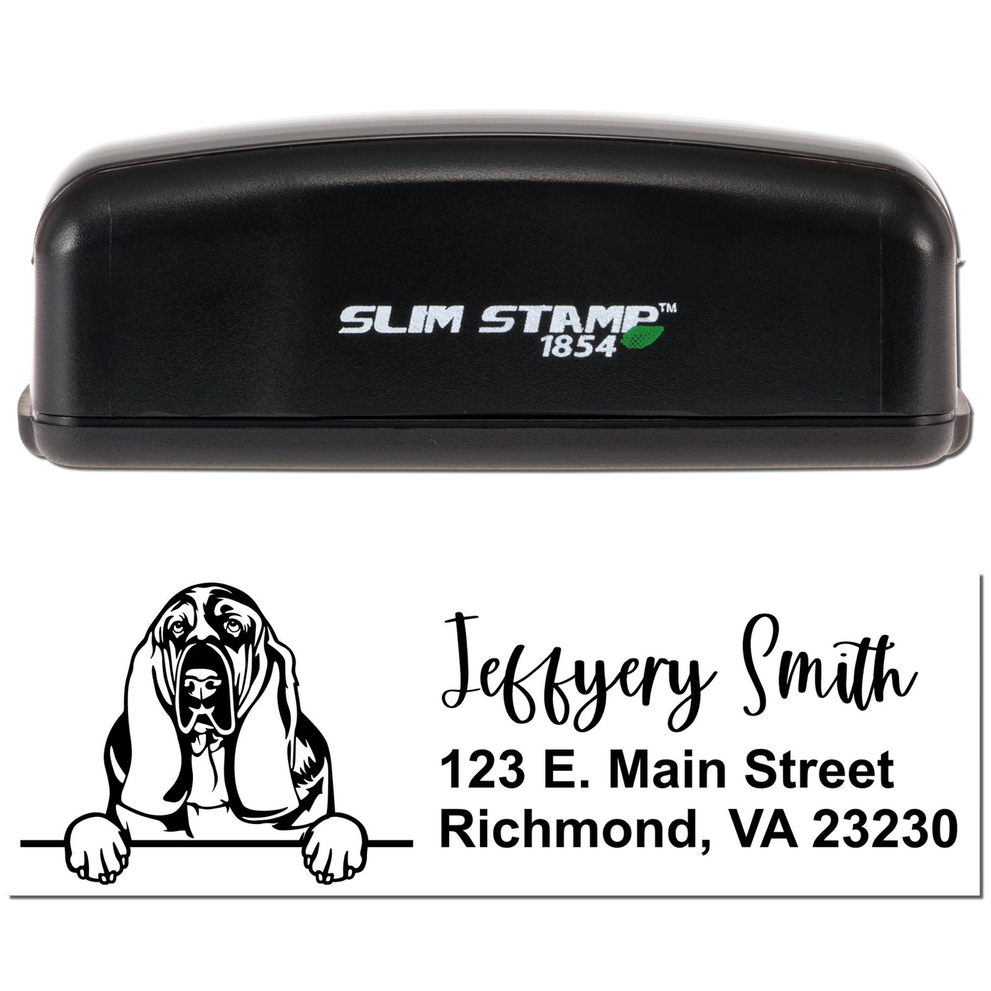 Slim Stamp custom address rubber stamp with dog illustration for personalized mailing and business branding