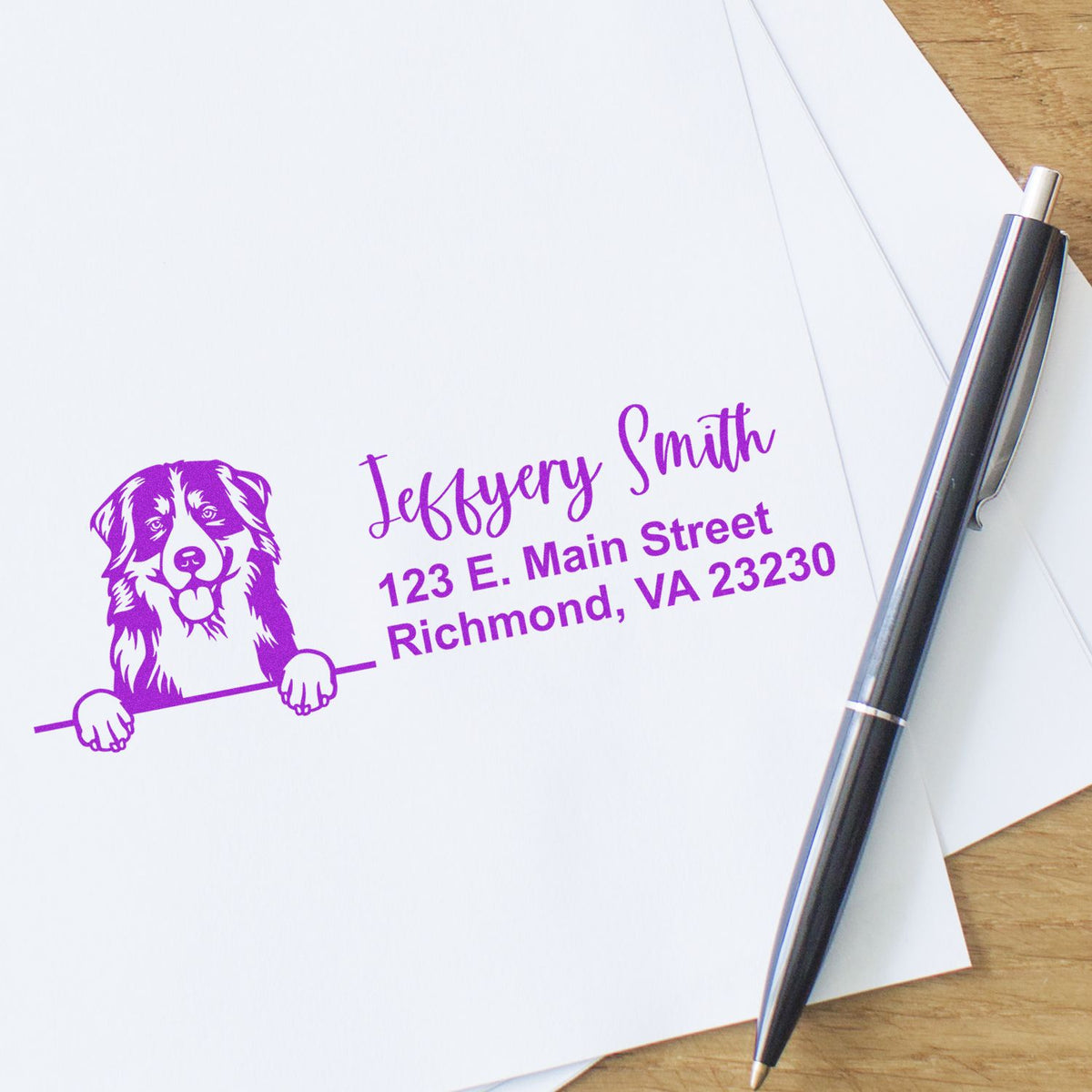 Custom dog return address rubber stamp with personalized name and address for mailing envelopes and stationery.