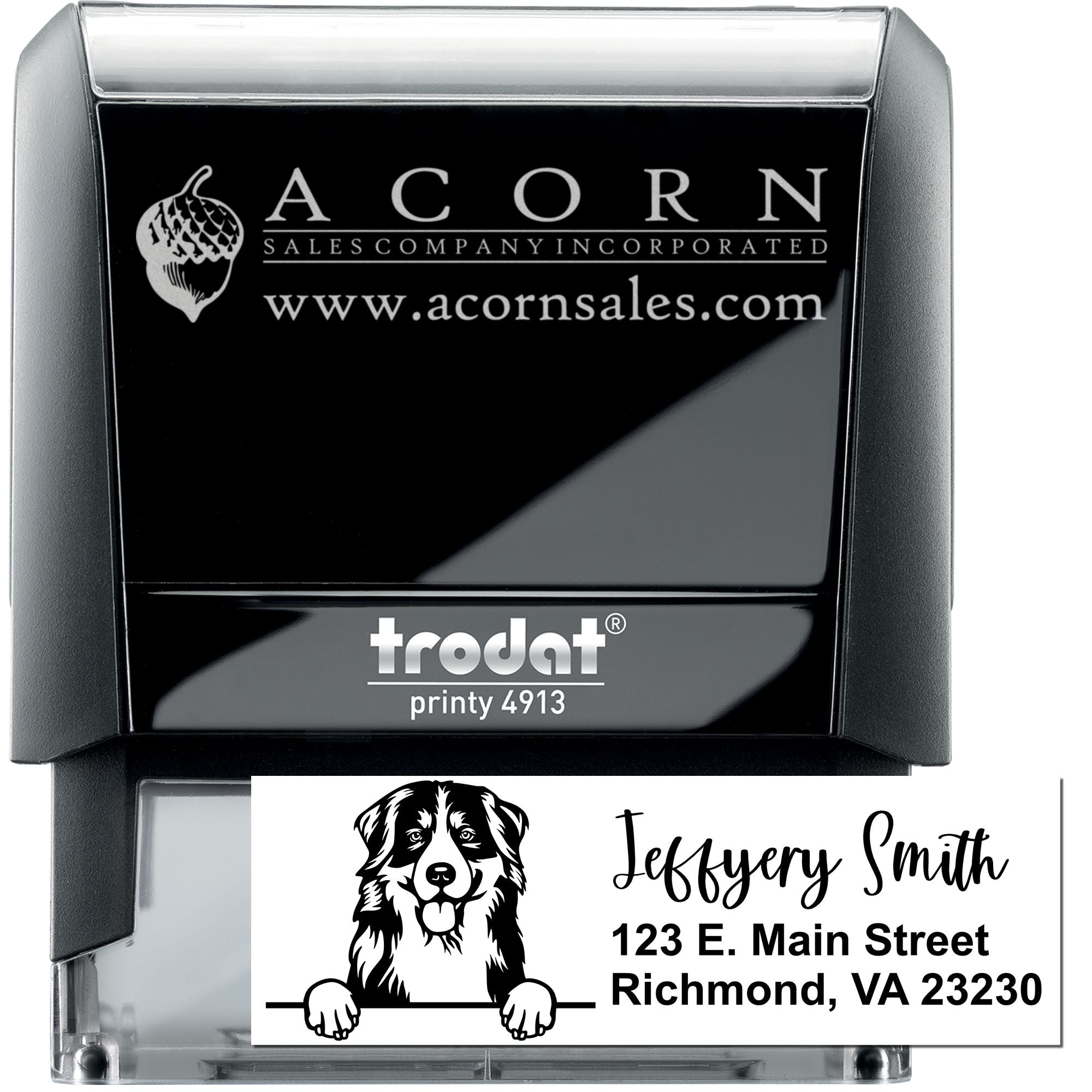 Custom self-inking rubber stamp with logo and address, Trodat Printy 4913, ideal for business branding and mailing.
