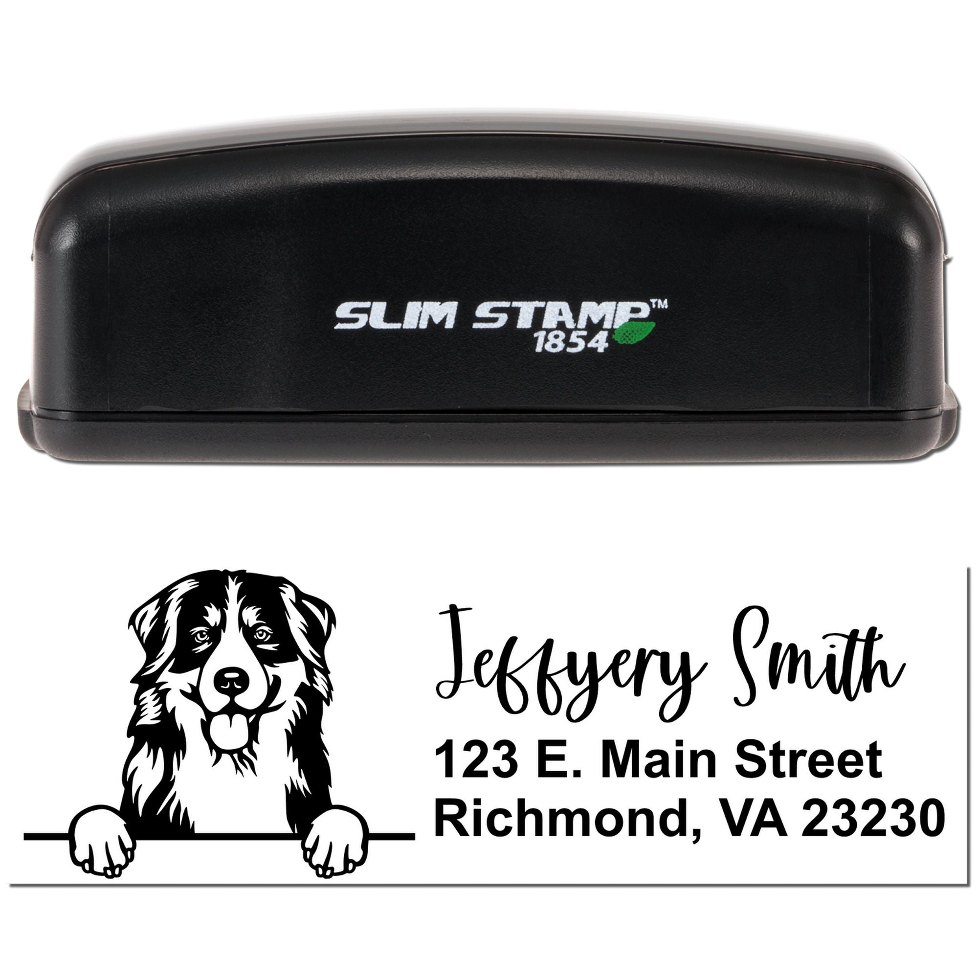 Slim Stamp 1854 custom self-inking rubber stamp with dog logo, name, and address for personalized mailing labels.