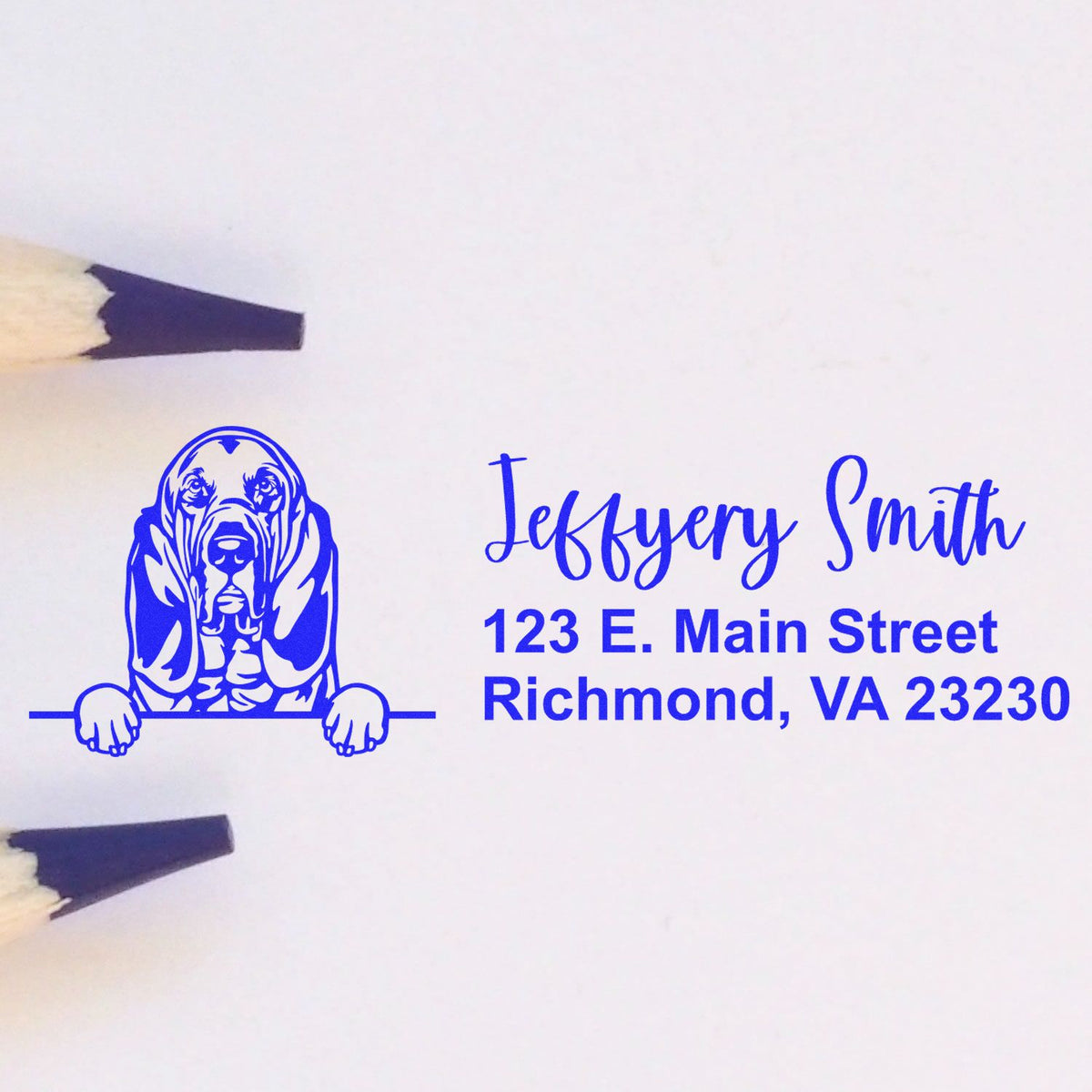 Custom dog address rubber stamp with name and Richmond, VA address for personalized mail and packaging.