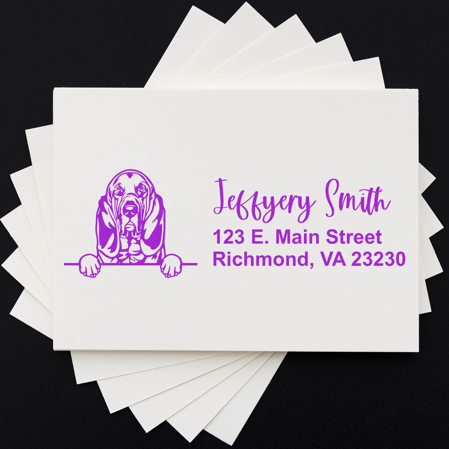 Custom rubber address stamp with dog illustration for Jeffrey Smith, featuring name and Richmond, VA address in purple ink.
