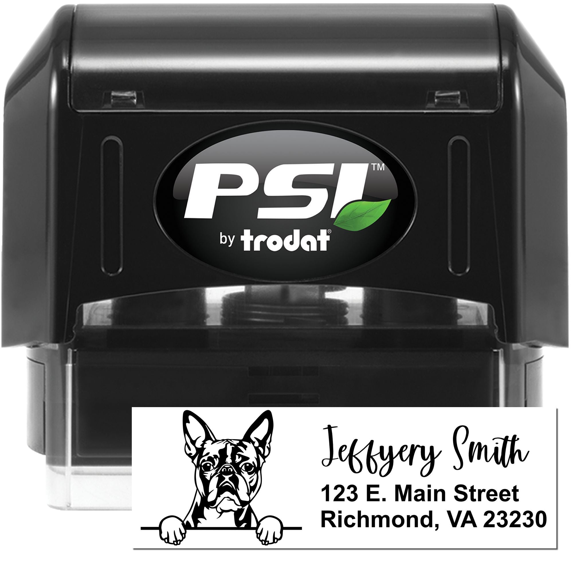 Personalized PSI by Trodat self-inking rubber stamp for custom dog-themed address labels and return mail.