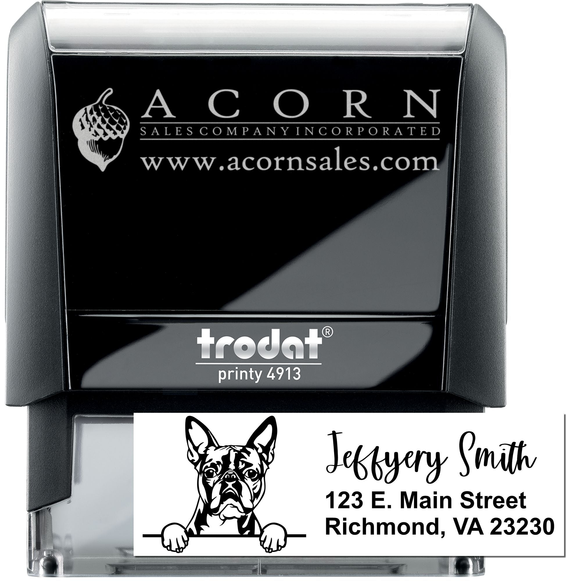 Trodat self-inking rubber stamp with custom logo and address imprint for business mailing and branding