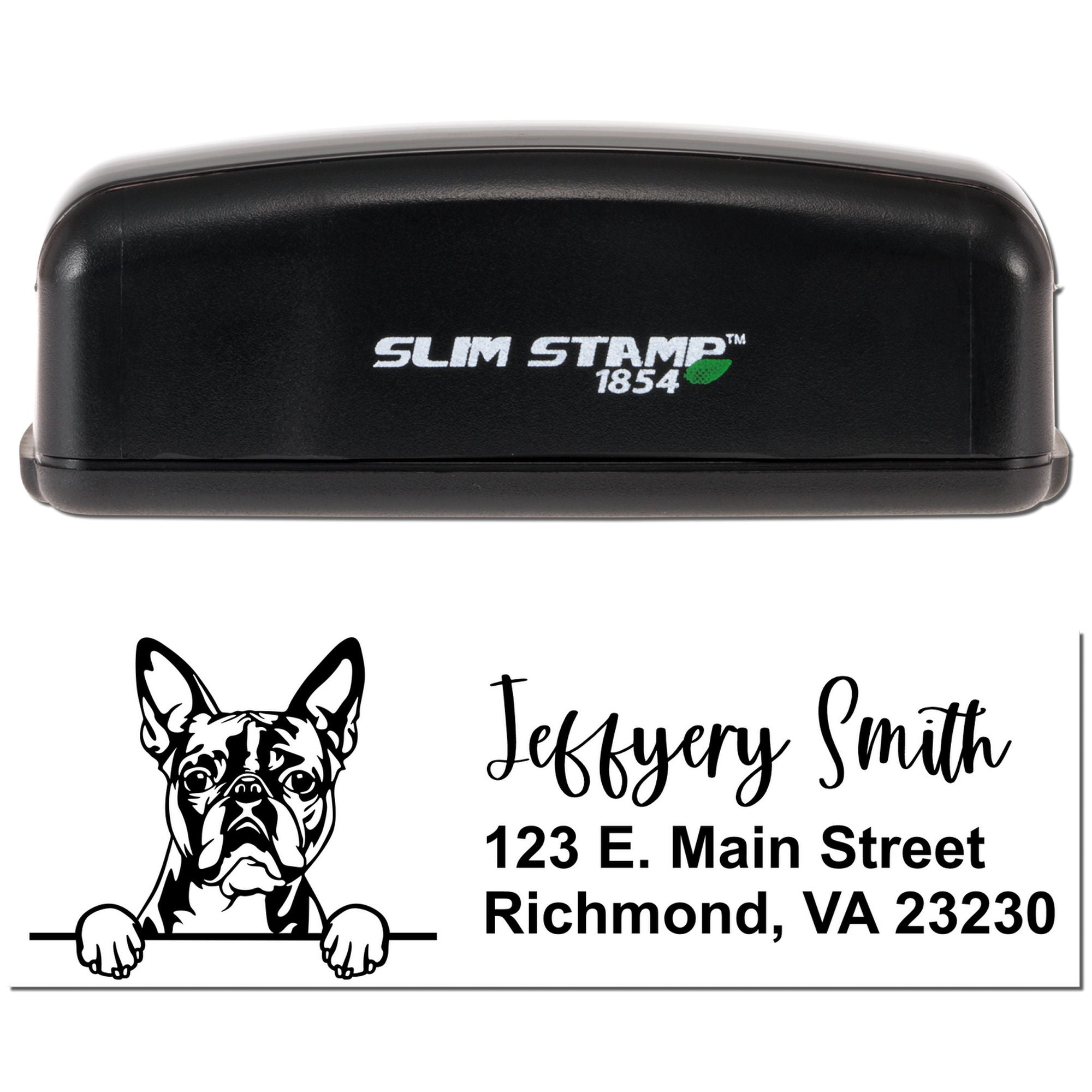 Personalized self-inking rubber stamp with dog logo, name, and address for custom return address labels and mailings.