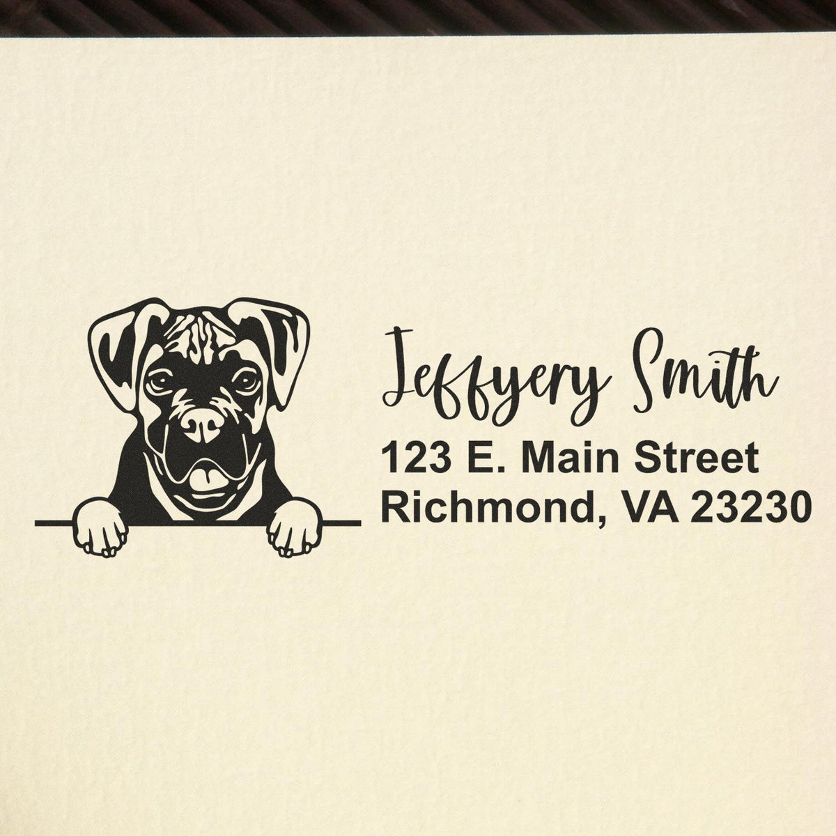 Custom dog address rubber stamp for Jeffrey Smith, 123 E. Main Street, Richmond, VA 23230.