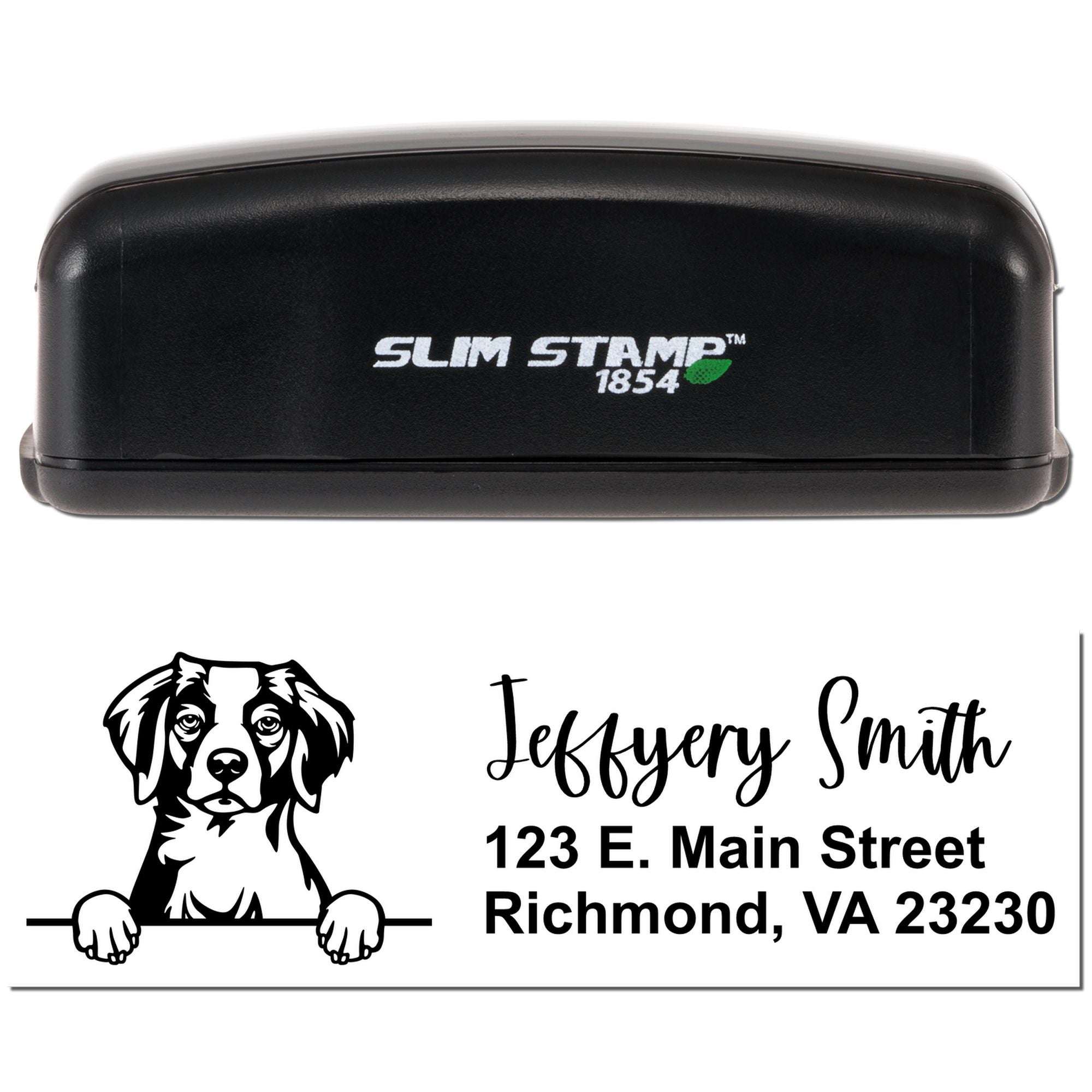 Custom self-inking rubber address stamp with dog illustration, personalized name and return address, Slim Stamp 1854 case.