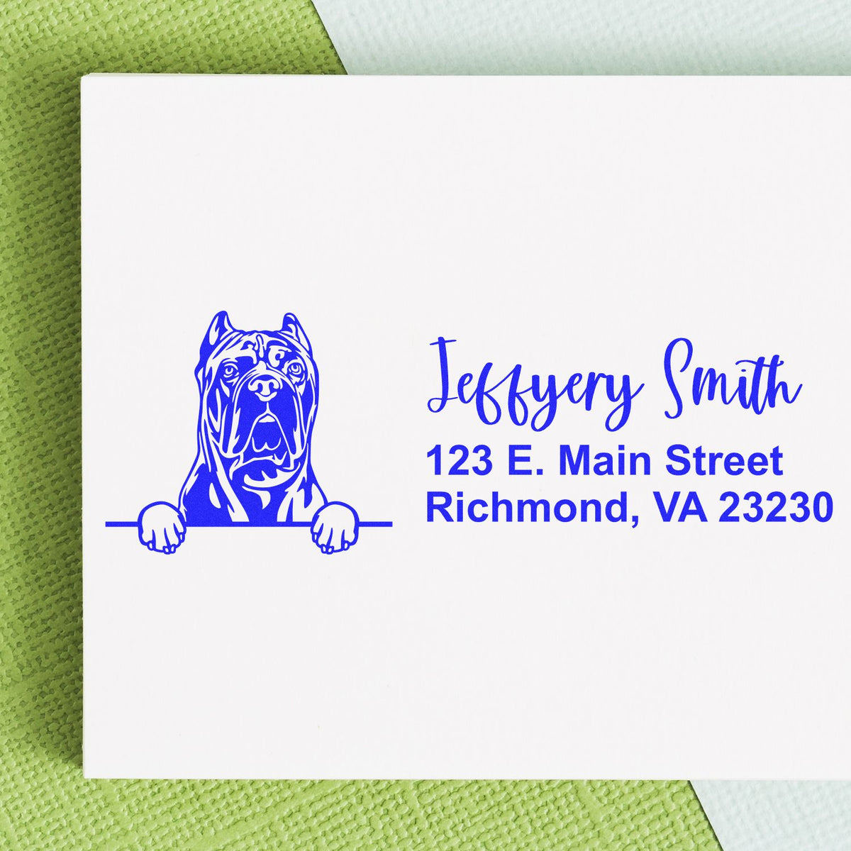 Custom dog address rubber stamp for Jeffery Smith, featuring a bulldog illustration and Richmond, VA return address.