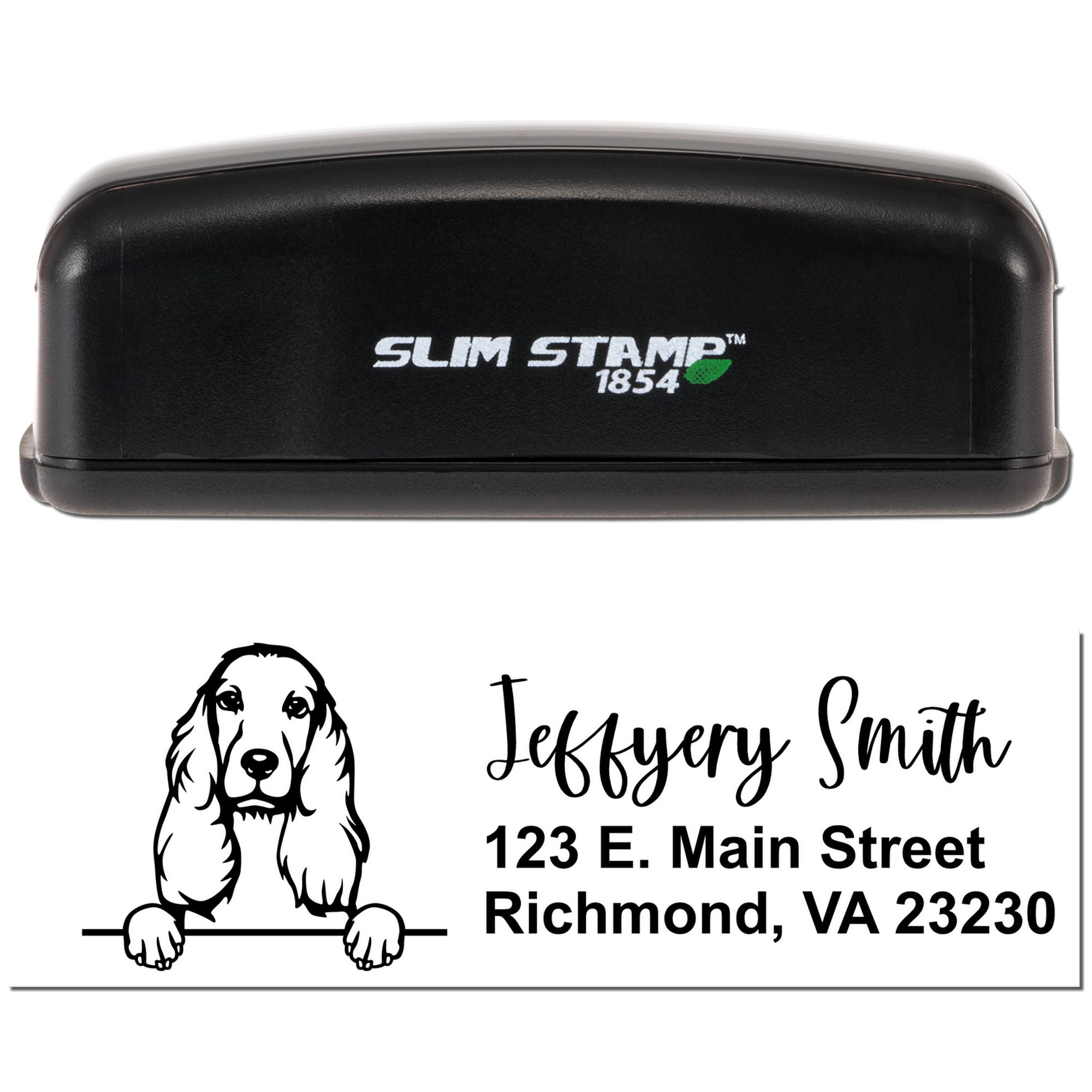 Custom self-inking return address rubber stamp with dog logo, name, and address for Jeffery Smith.