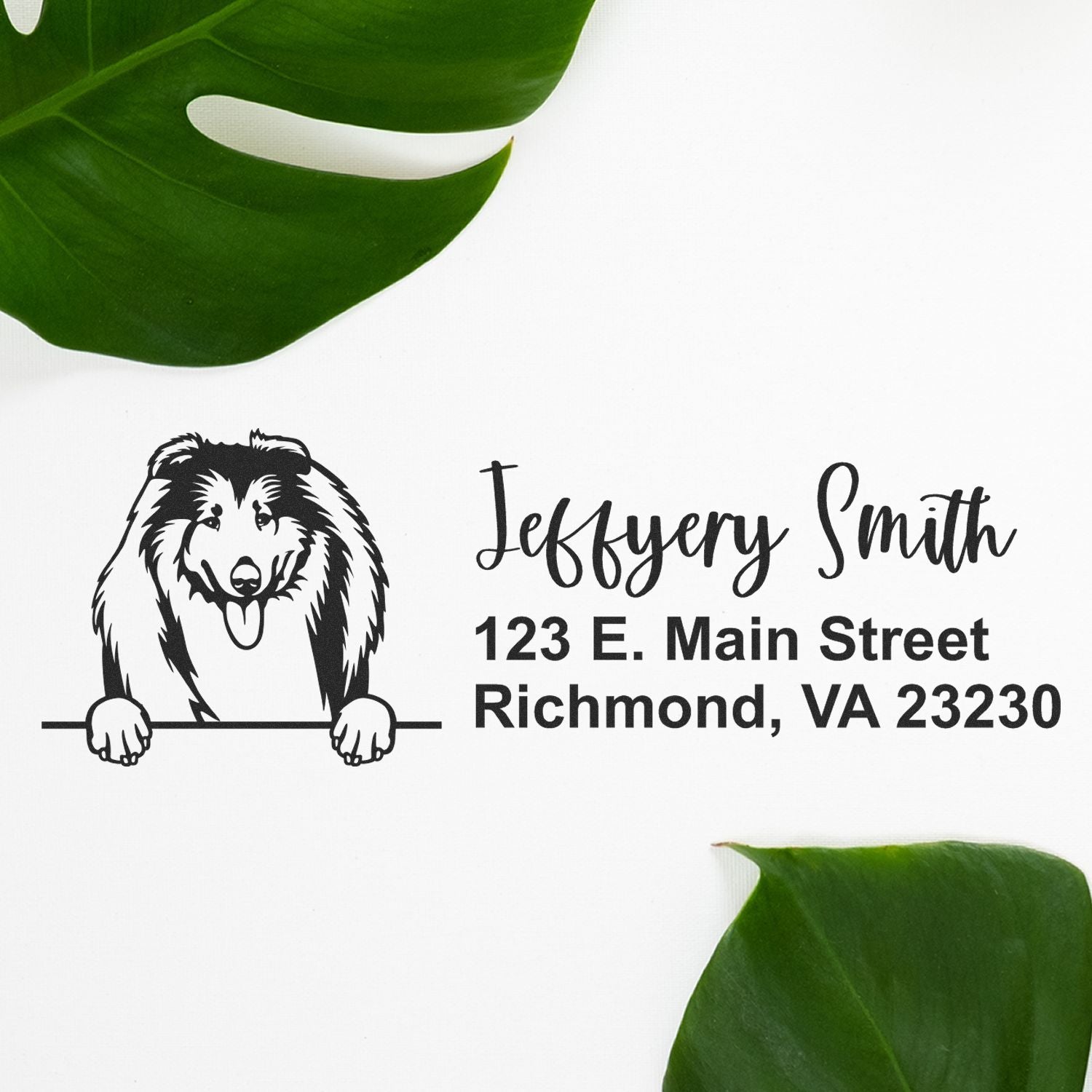 Custom dog return address rubber stamp with name and address, ideal for personalized pet business and mailing labels.