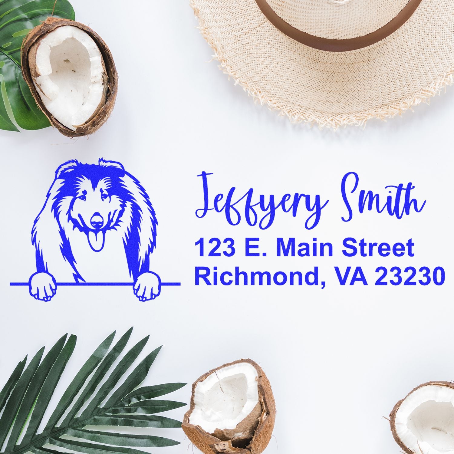 Personalized rubber address stamp with dog logo for Jeffery Smith, Richmond VA, for business branding and mail.