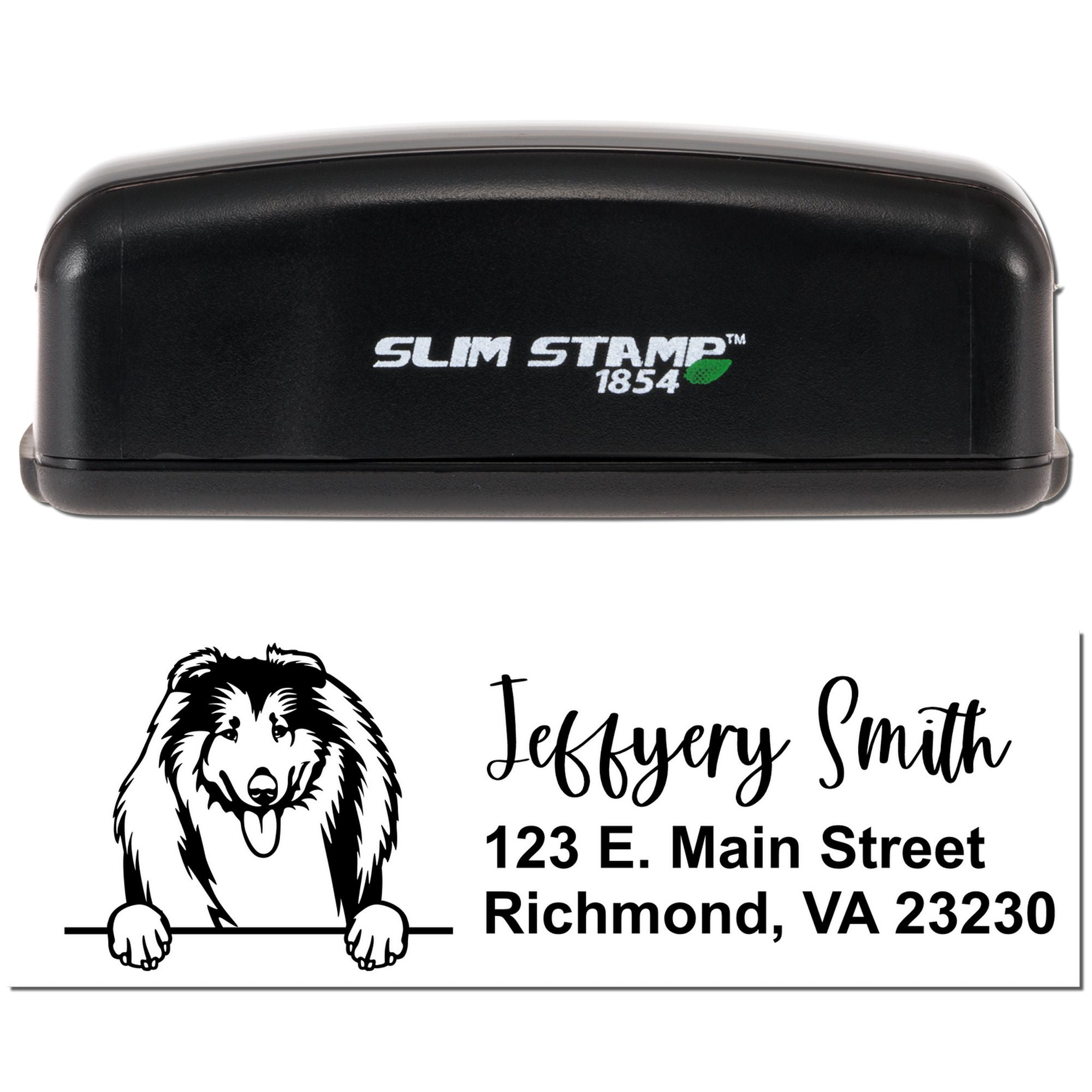 Custom self-inking address rubber stamp with animal illustration and Jeffrey Smith mailing details, Slim Stamp 1854
