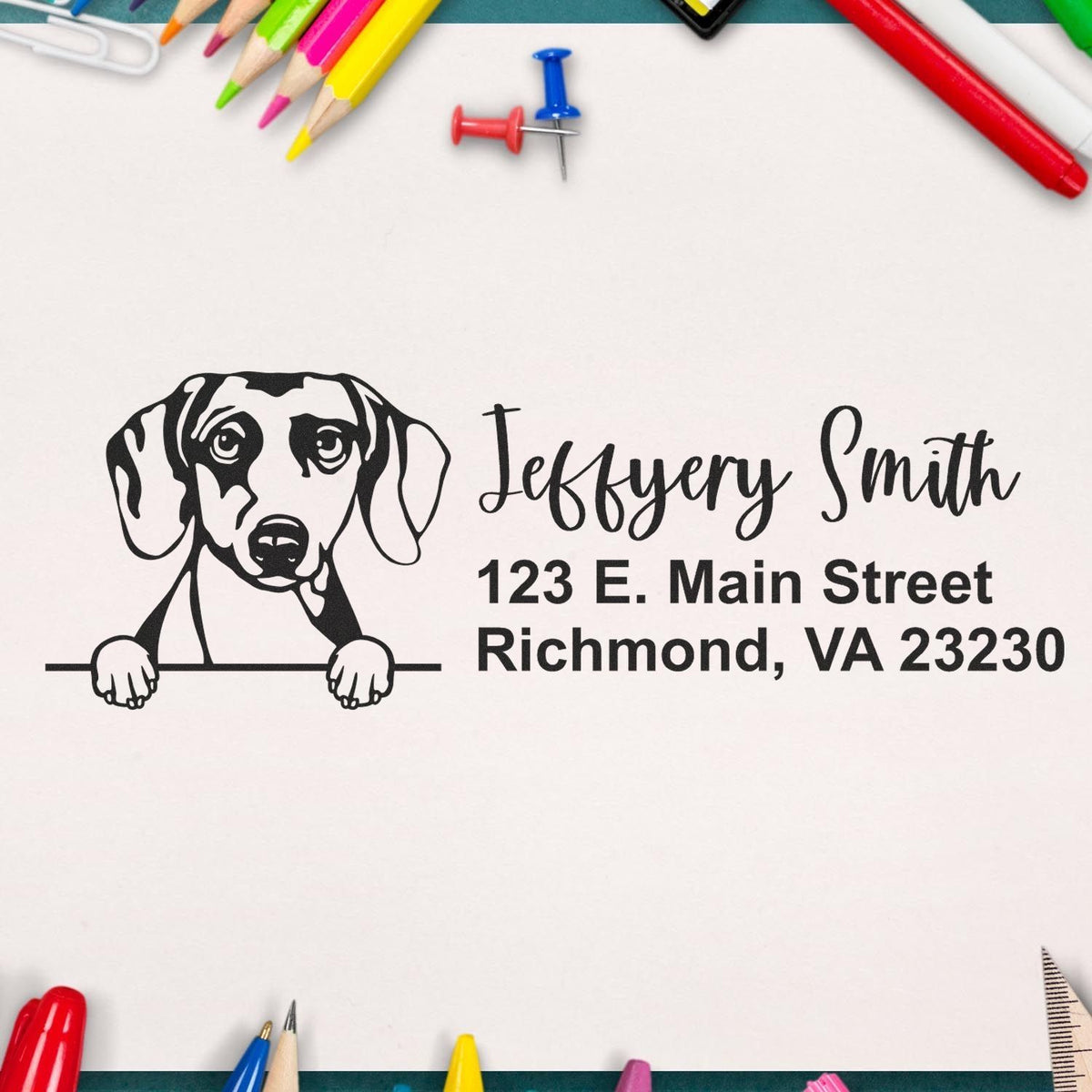 Custom dog return address rubber stamp with name and Richmond, VA address for envelopes, mail, and stationery.