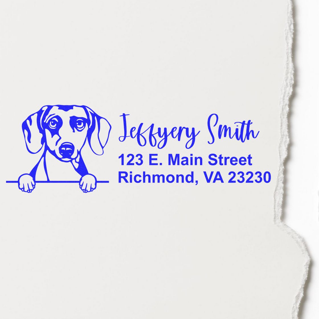 Custom dog return address rubber stamp for Jeffery Smith, 123 E. Main Street, Richmond, VA 23230.