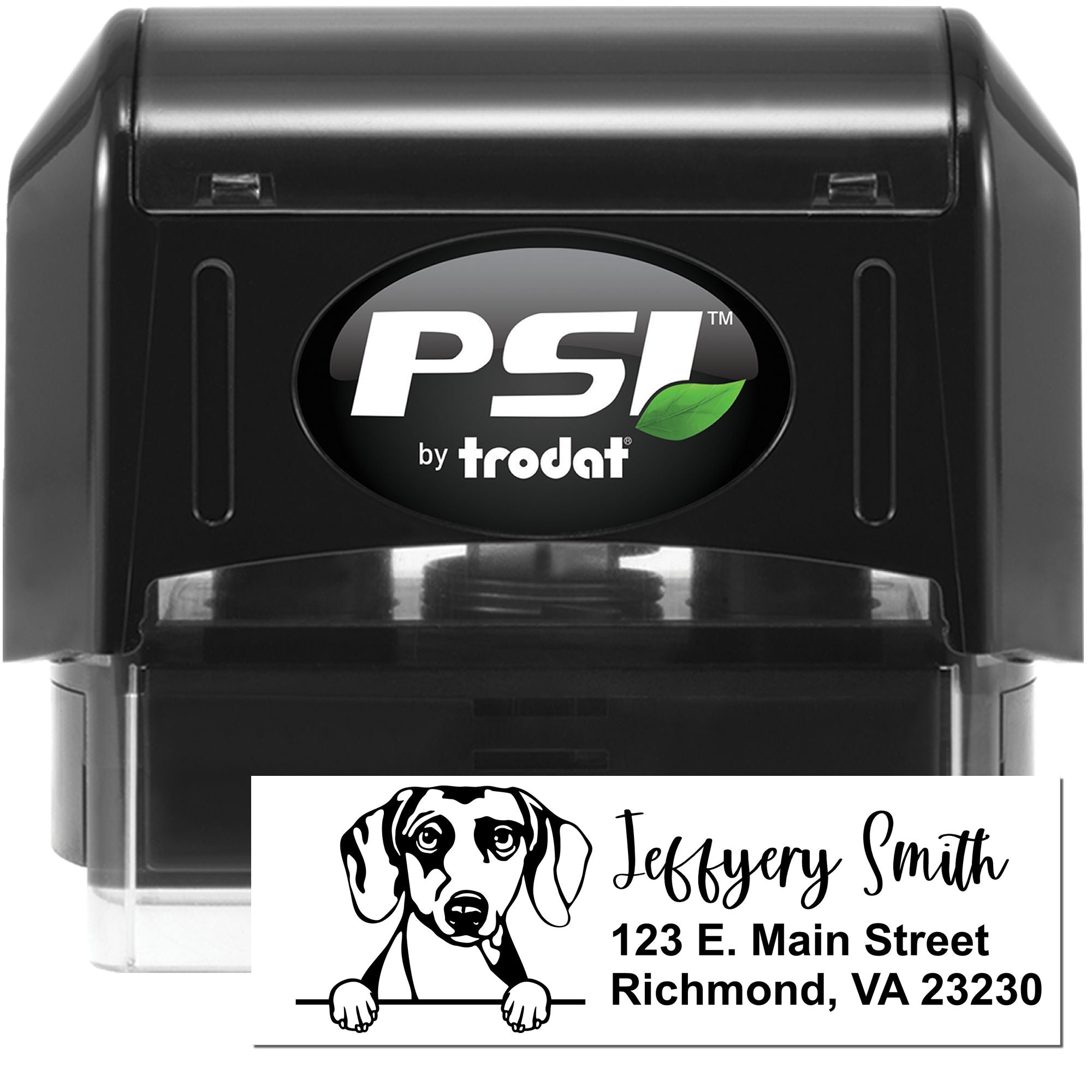 Custom self-inking rubber address stamp with dog illustration, name, and Richmond, VA return address, PSI by Trodat.
