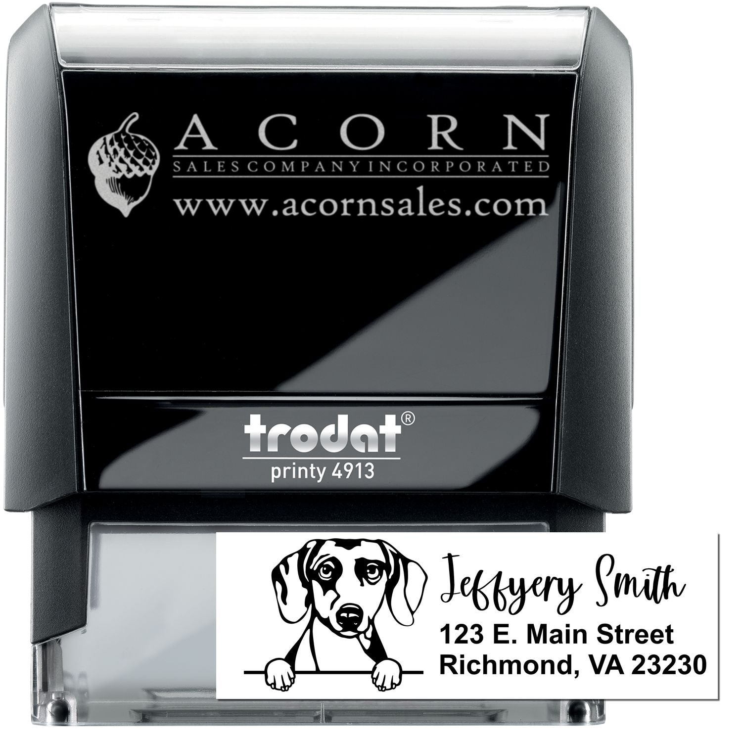 Custom self-inking rubber stamp for business logo and address printing, Trodat Printy 4913.