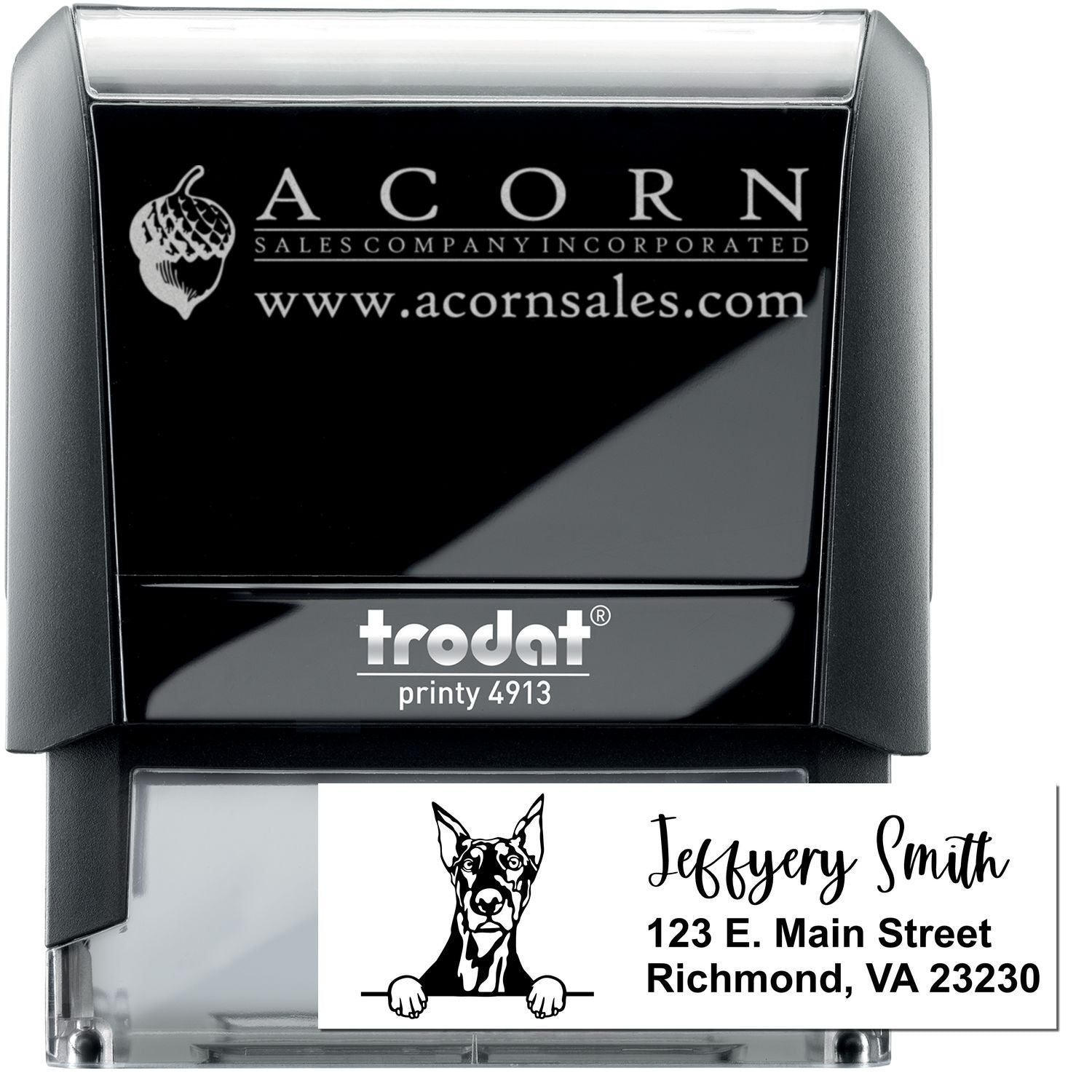 Custom self-inking business rubber stamp, Trodat Printy 4913, with logo and address for branding and mailing