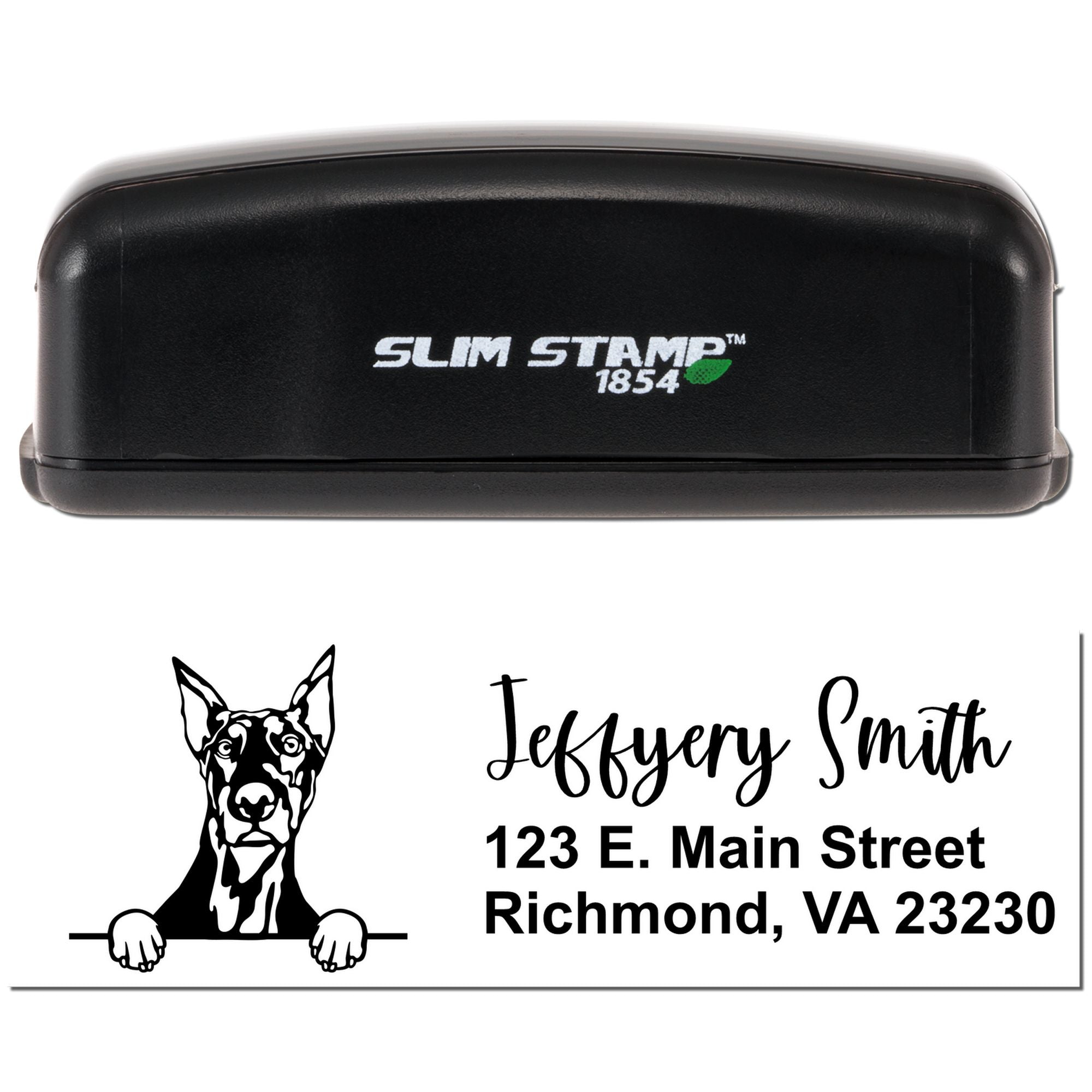 Personalized custom address rubber stamp with dog logo, name, and return address using Slim Stamp 1854.