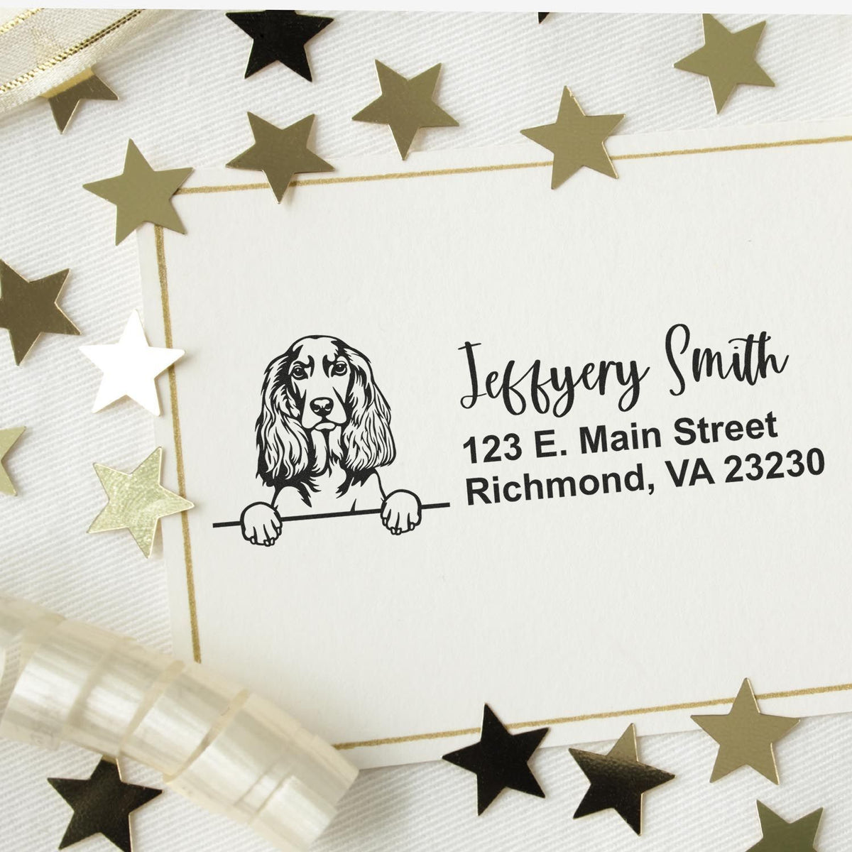 Custom dog address rubber stamp with personalized name and Richmond, VA return address on a decorative envelope.