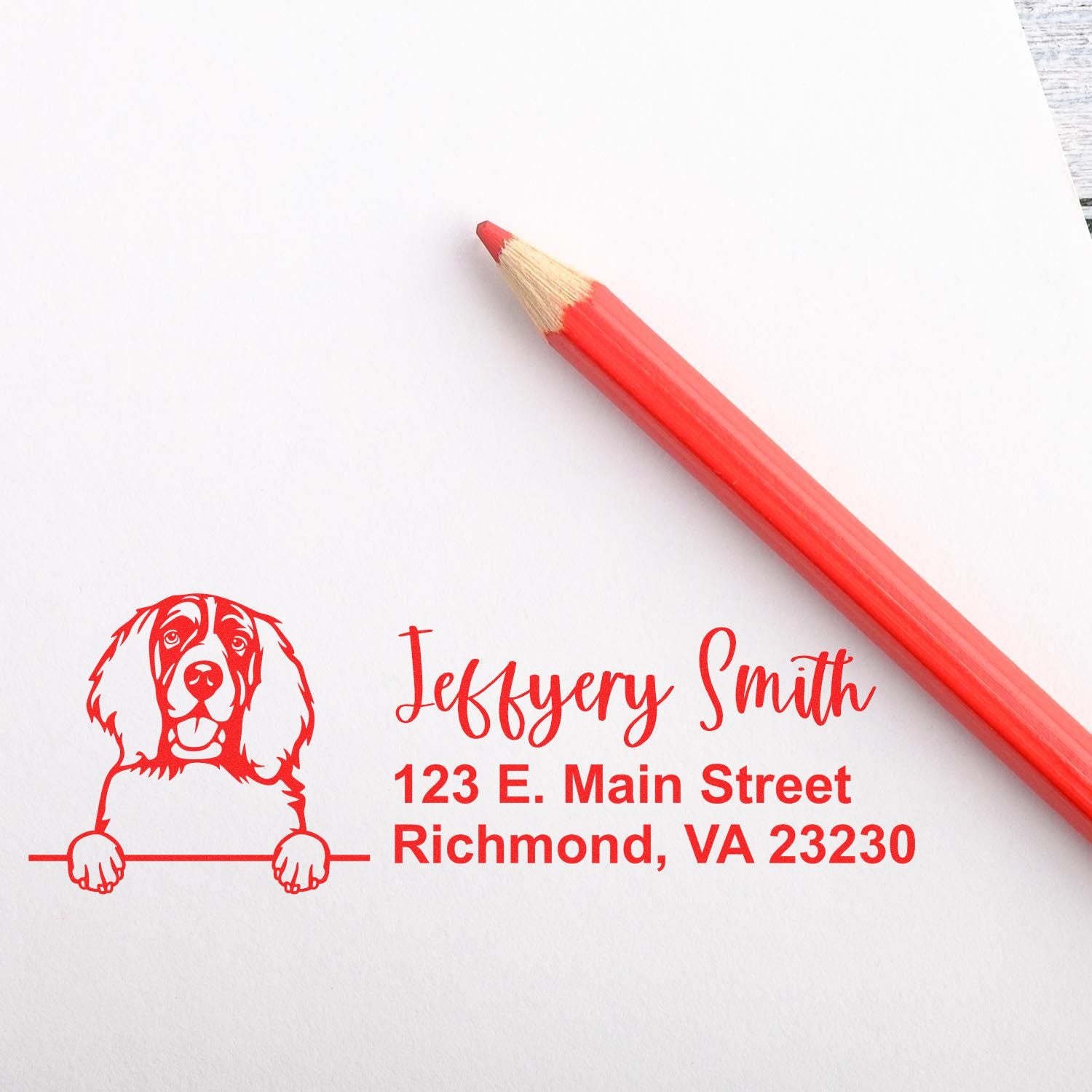 Custom return address rubber stamp with dog logo, ideal for personalized business or pet-themed stationery.