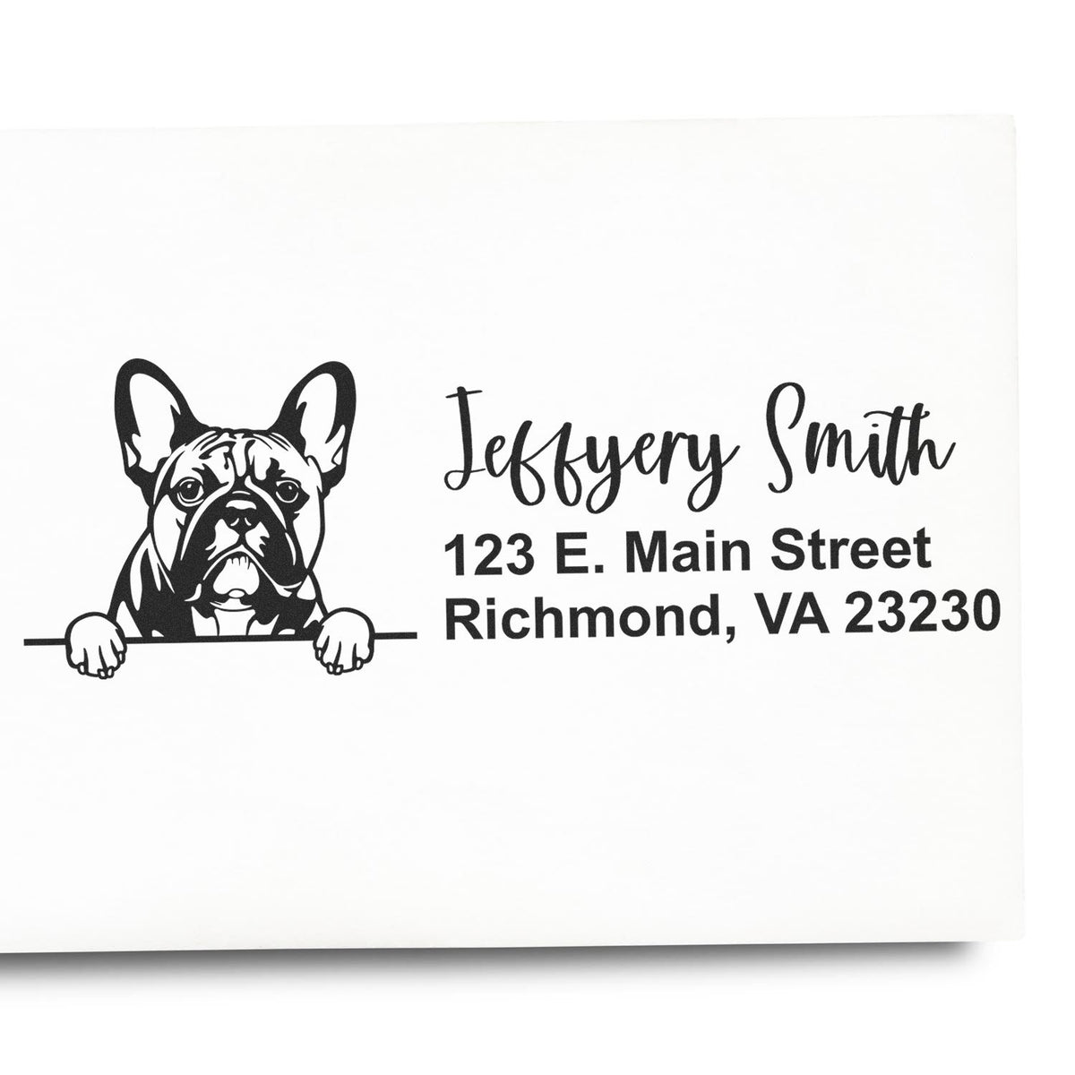 Custom bulldog return address rubber stamp with Jeffrey Smith name and Richmond, VA address for mail and packages.