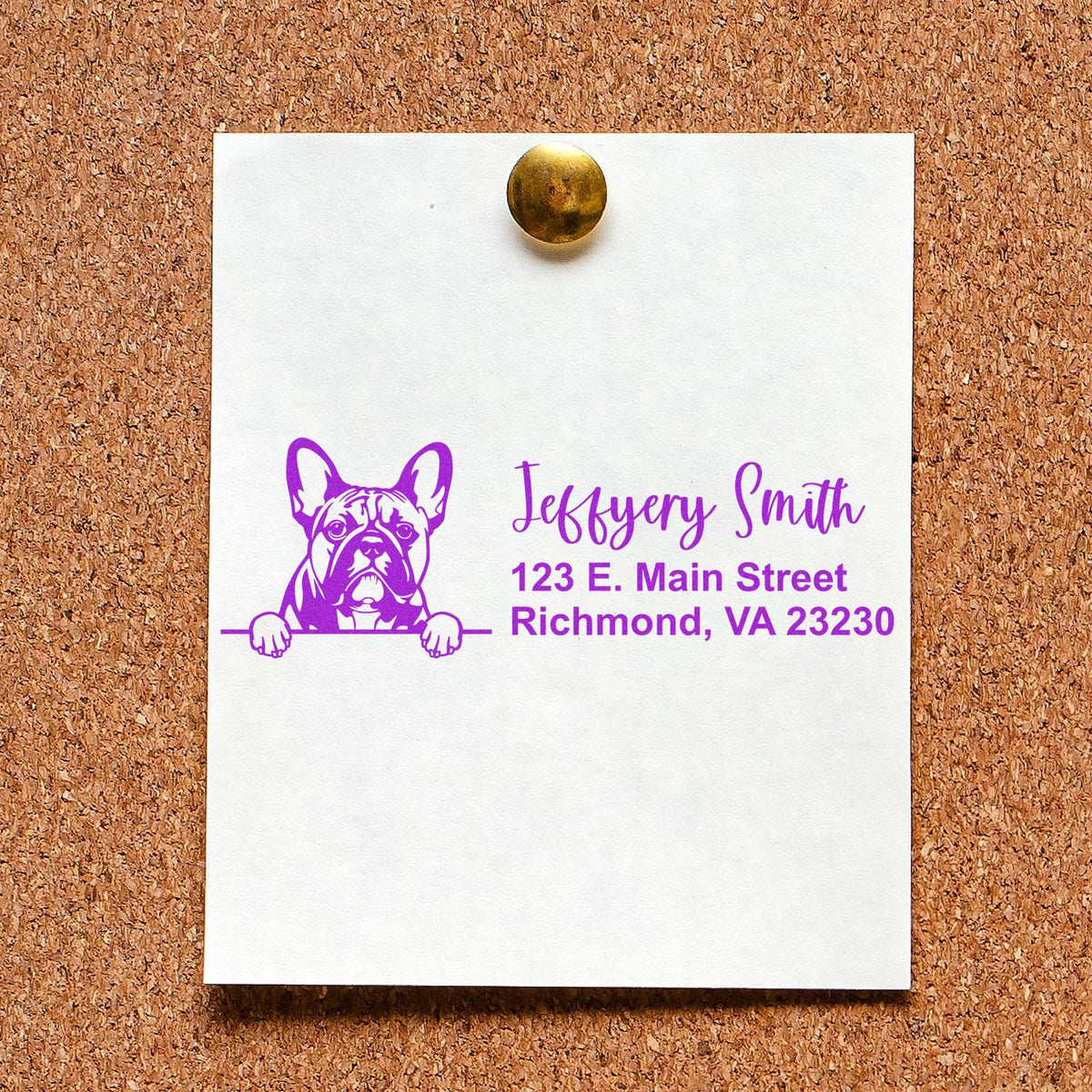 Personalized bulldog address stamp for return mail, featuring name and Richmond, VA address in purple.