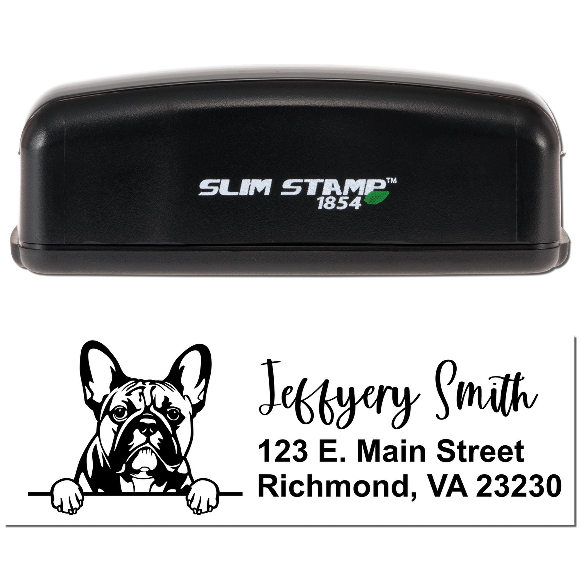 Custom Slim Stamp 1854 self-inking rubber stamp with French bulldog design and personalized address imprint.