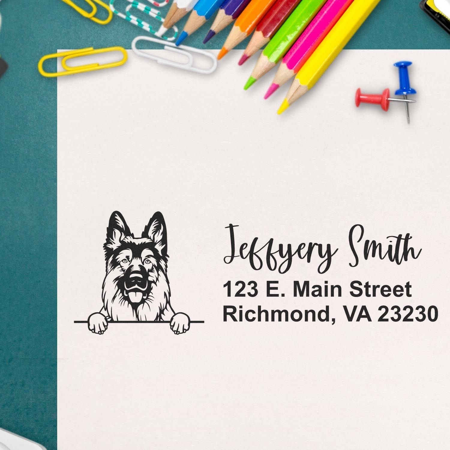 Personalized rubber return address stamp with German Shepherd logo, name, and Richmond VA address for mail and stationery.