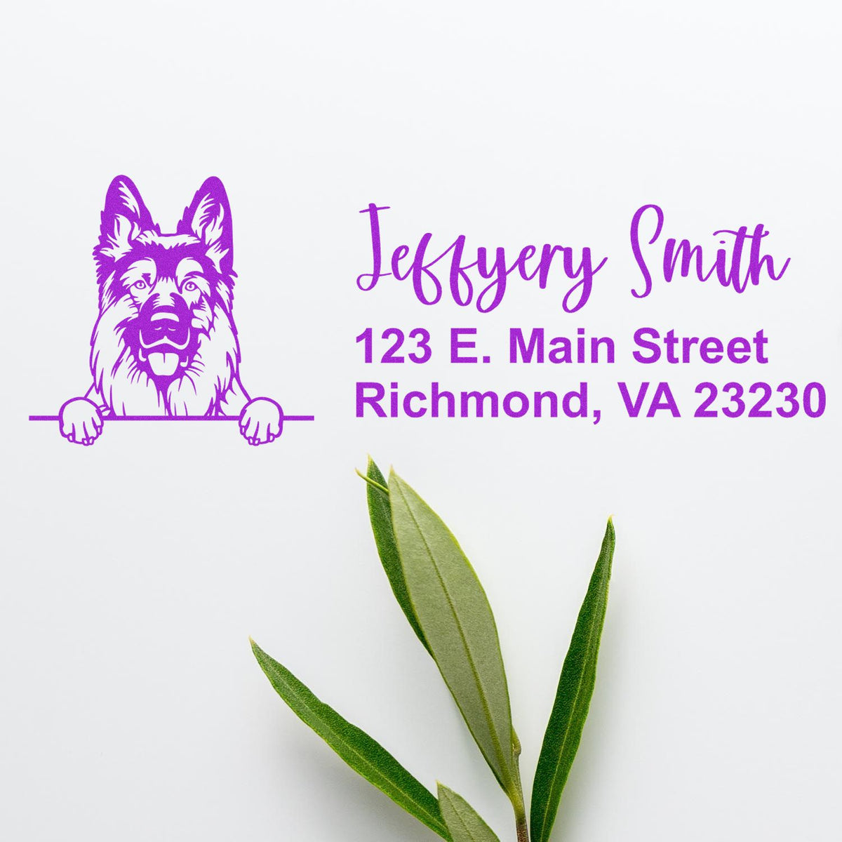 Custom German shepherd return address rubber stamp with name and Richmond, VA mailing address