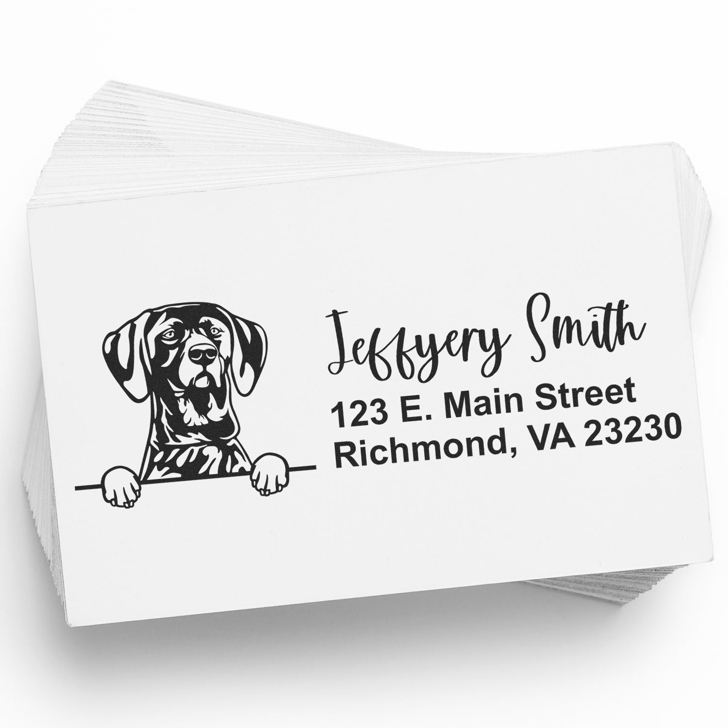 Personalized dog return address rubber stamp with pet portrait, name, and address for custom mailing.
