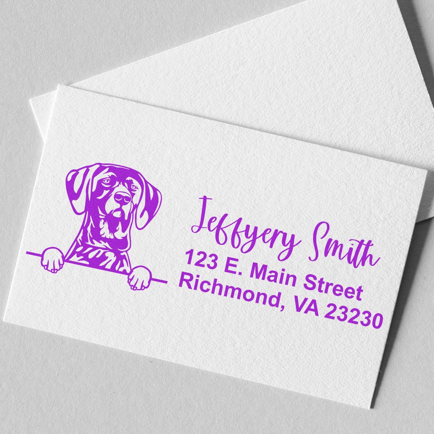 Custom dog return address rubber stamp with name, street address, and city for personalized mailings.