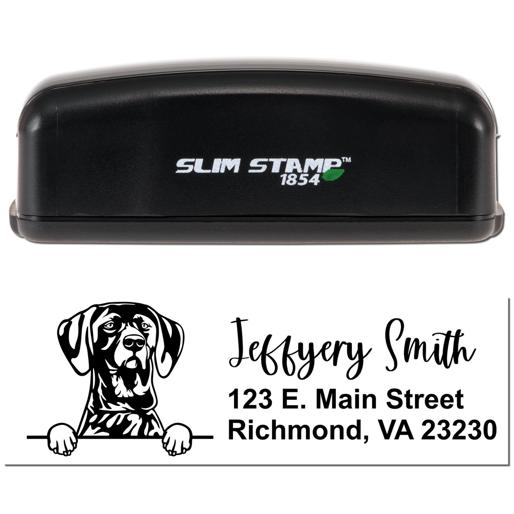 Custom self-inking rubber stamp with dog logo, Jeffrey Smith name, and return address, made with Slim Stamp 1854.