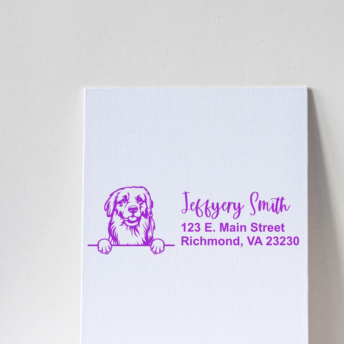 Custom dog return address rubber stamp with pet portrait logo, Jeffery Smith, Richmond, VA 23230