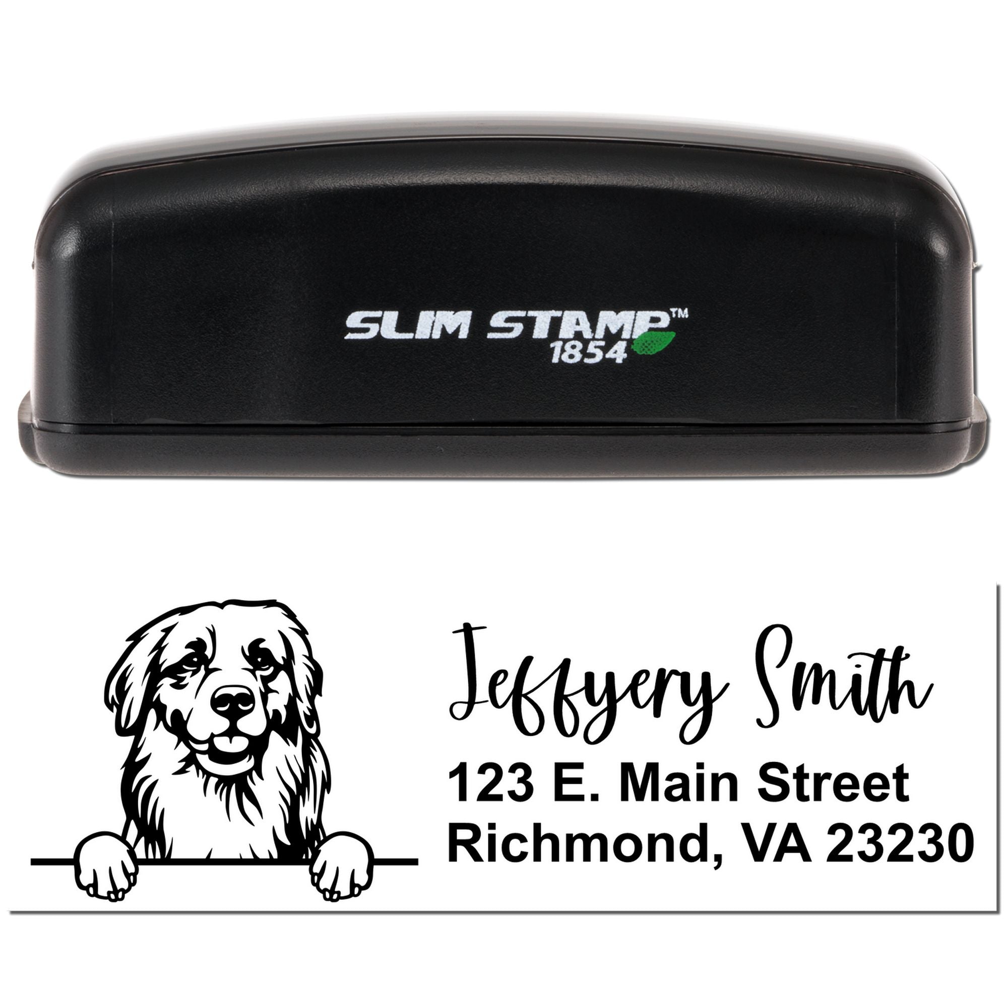 Slim Stamp 1854 self-inking custom address rubber stamp with dog logo, name, and Richmond VA imprint.