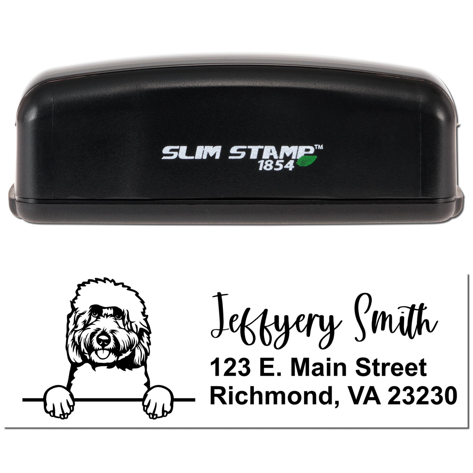 Custom self-inking rubber stamp with dog illustration, name, and address for personalized mailing and branding.
