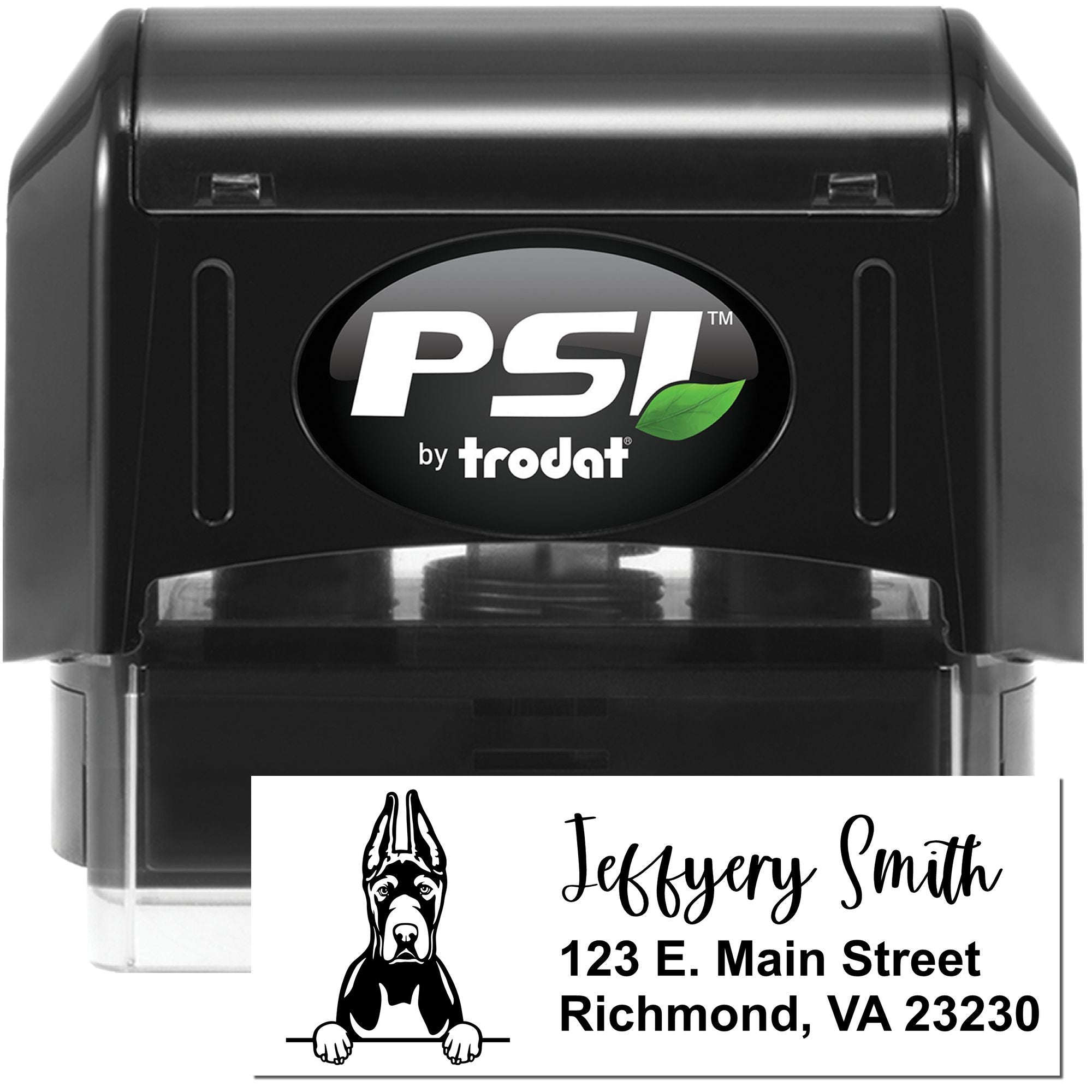 PSI by Trodat custom self-inking rubber stamp for business branding, featuring a dog logo and return address.
