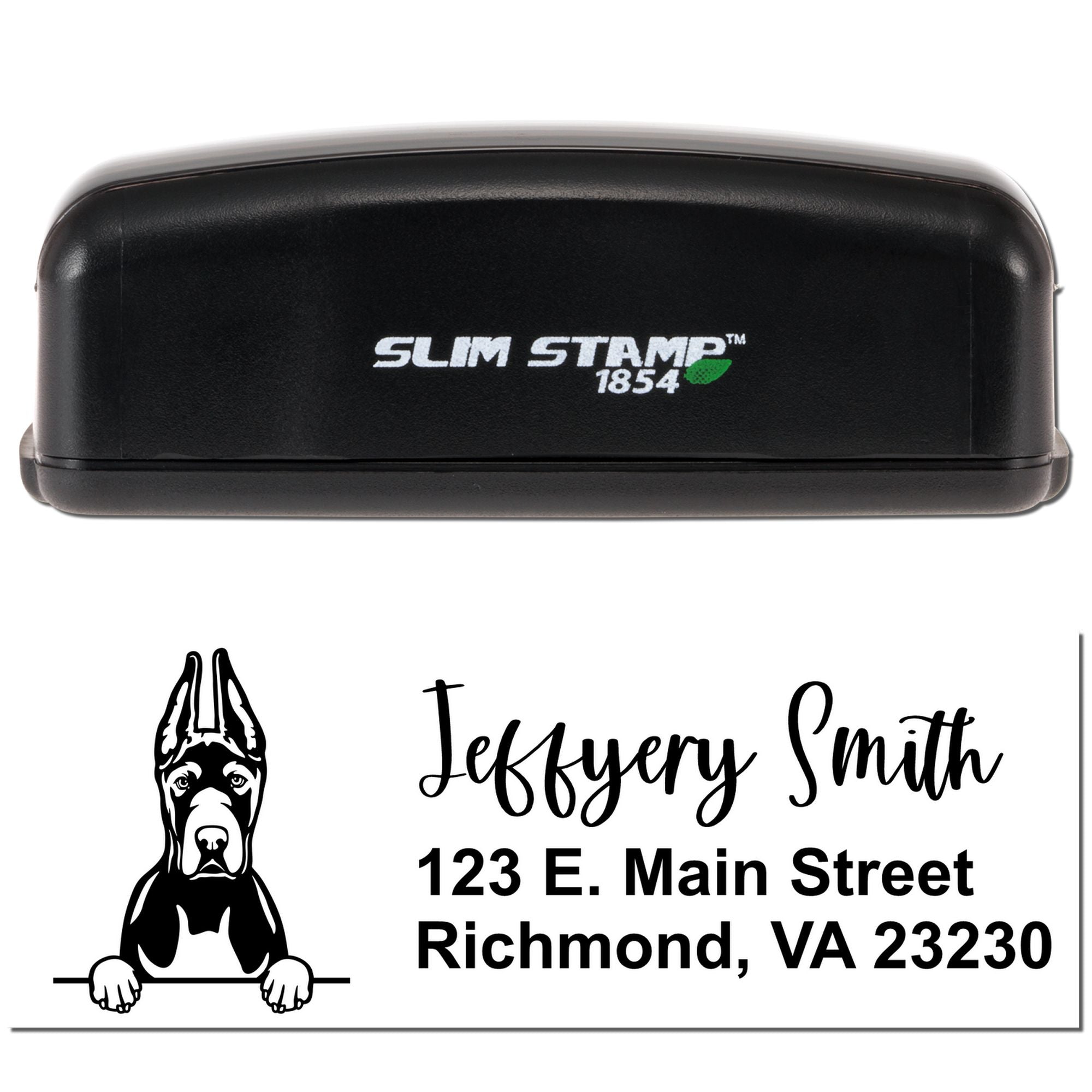 Slim Stamp 1854 custom address rubber stamp with dog illustration and personalized name and address design