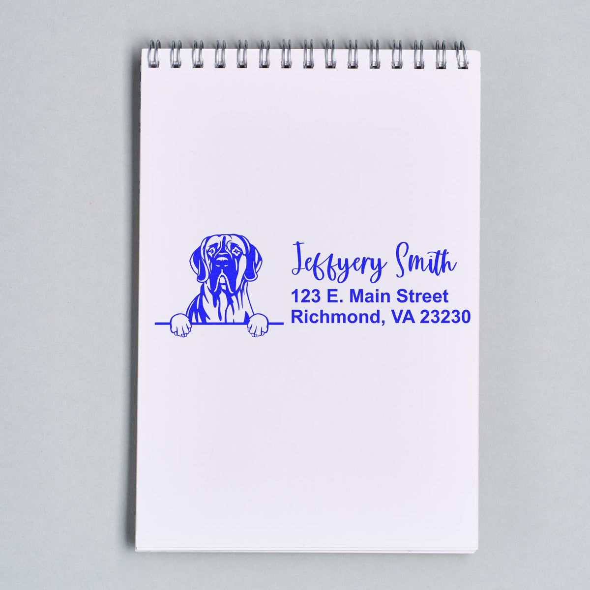 Custom dog return address rubber stamp imprint on notebook with Jeffrey Smith, Richmond, VA 23230.