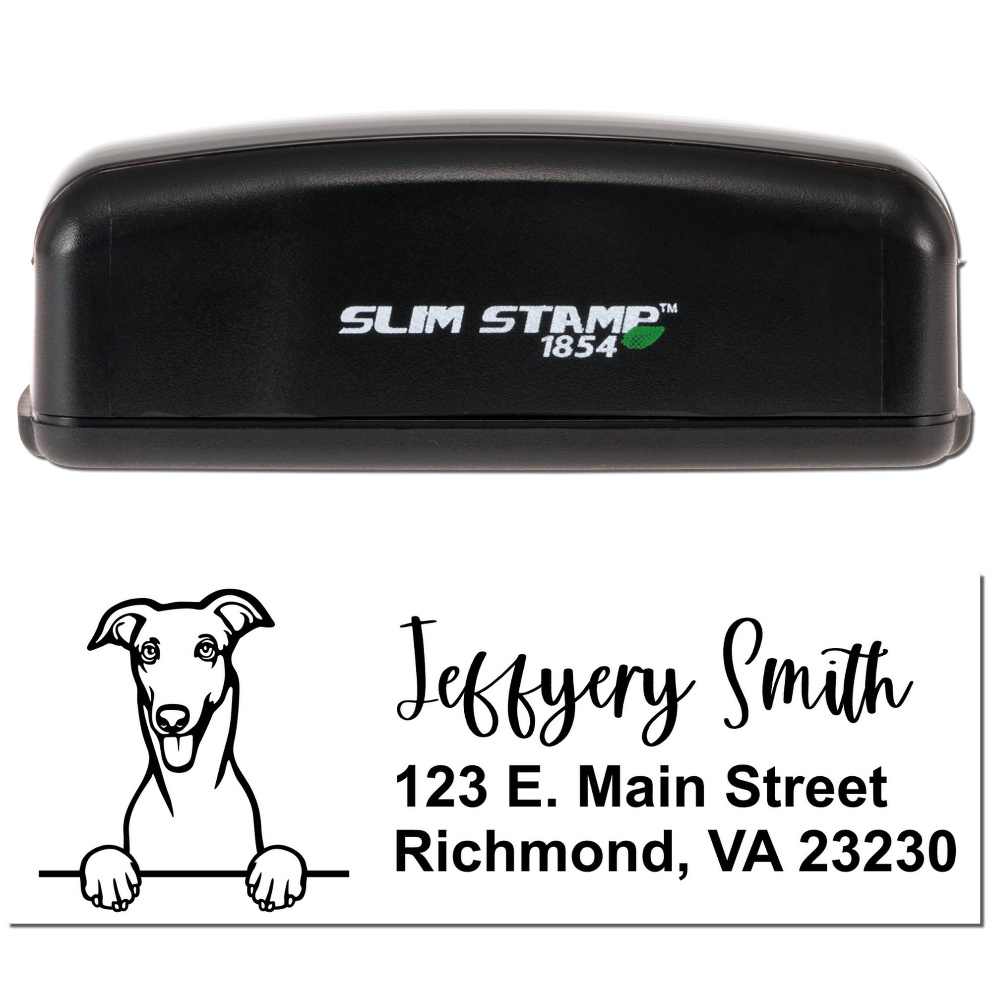 Custom self-inking rubber stamp with dog logo, Jeffrey Smith name, and Richmond, VA address for business mailing.