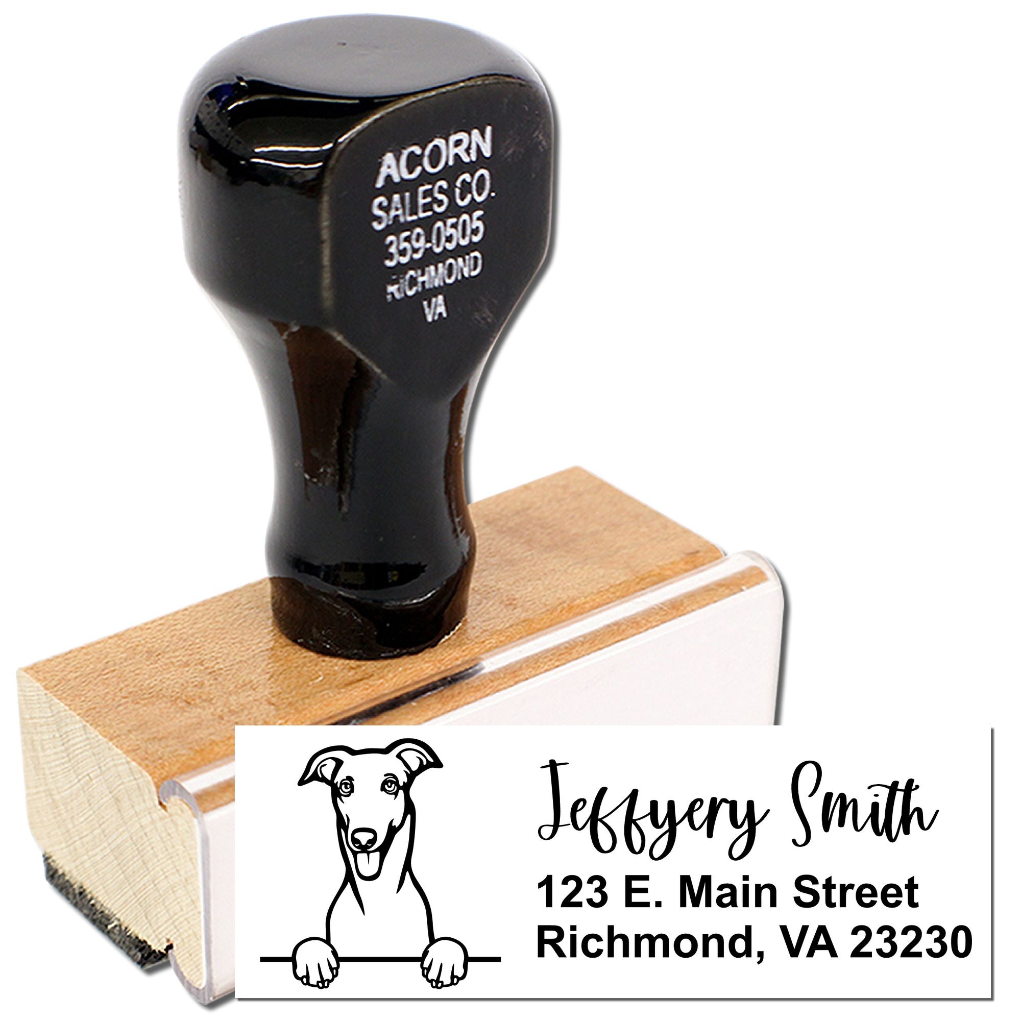 Custom rubber stamp with dog logo and personalized return address for Jeffery Smith, Richmond VA.
