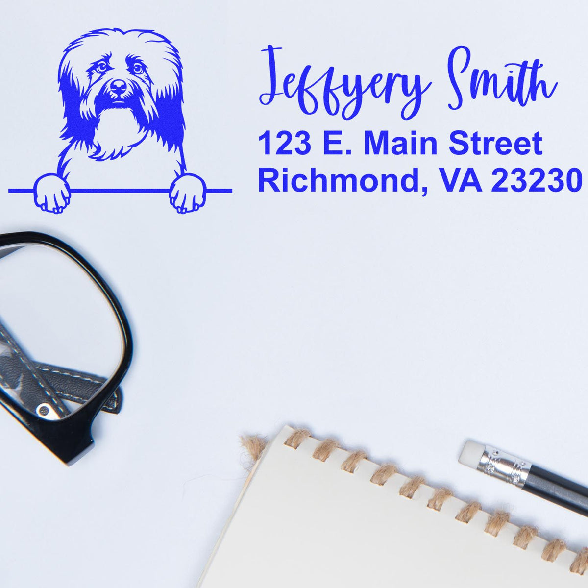 Custom return address rubber stamp with dog illustration for Jeffery Smith, Richmond, VA.