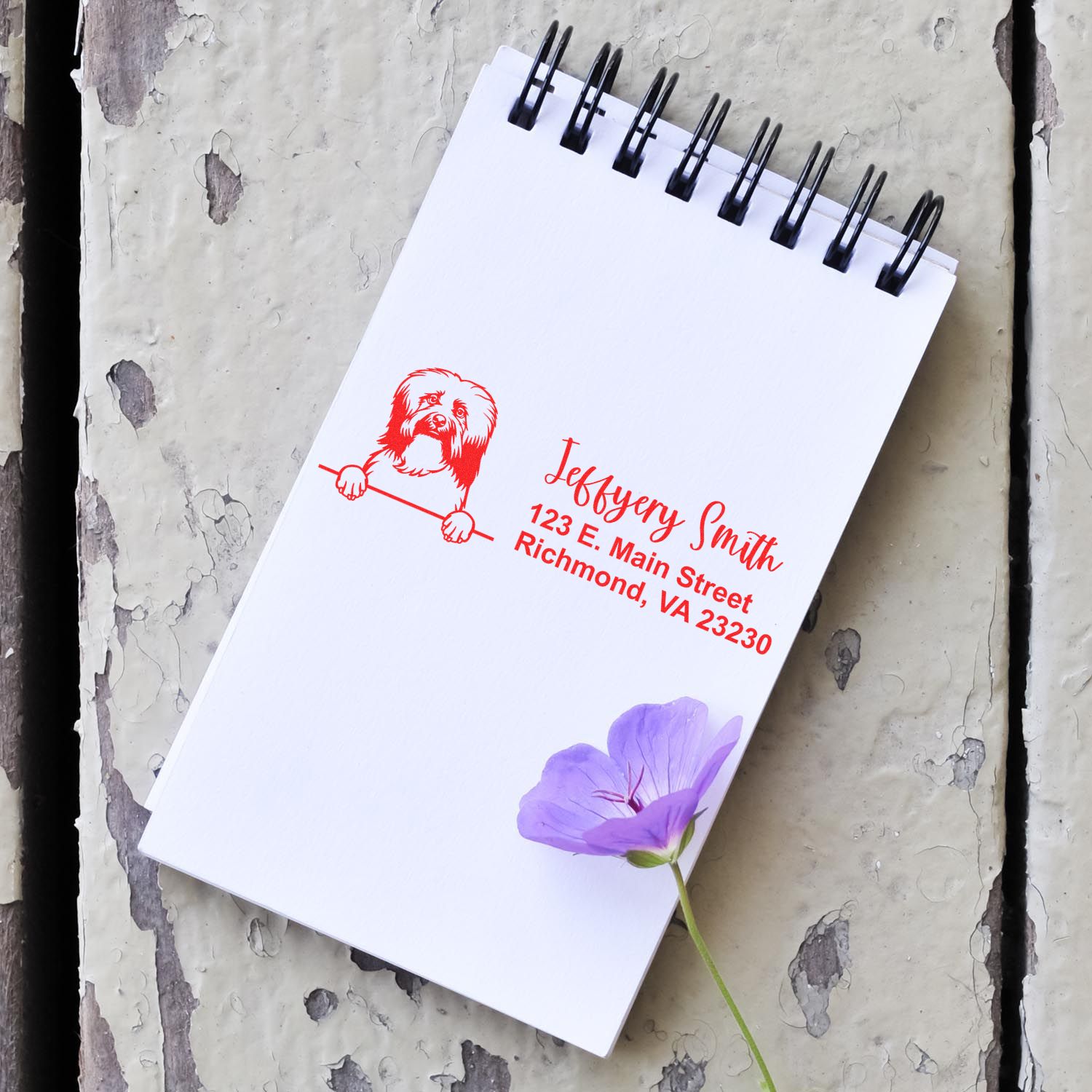 Personalized return address rubber stamp with dog design for Jeffery Smith, 123 E. Main Street, Richmond, VA 23230.