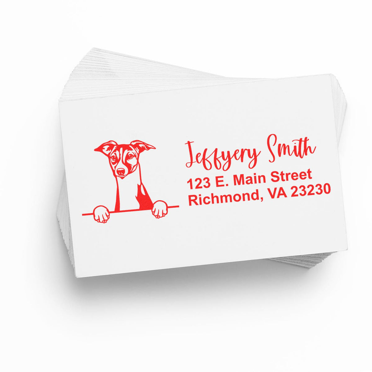 Custom rubber address stamp with dog illustration, featuring Jeffrey Smith and Richmond, VA mailing address.