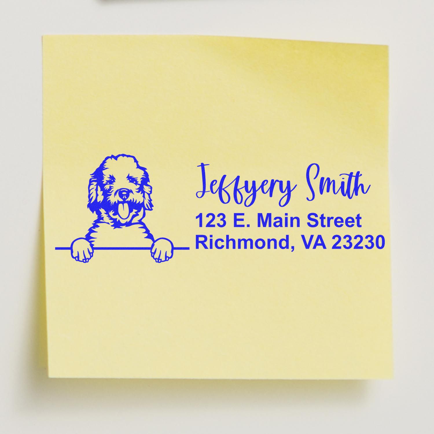 Personalized dog return address rubber stamp with Jeffery Smith, 123 E. Main Street, Richmond, VA.