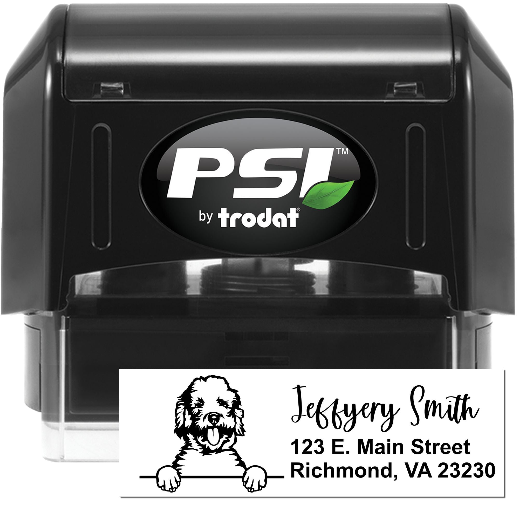 PSI by Trodat self-inking custom address rubber stamp with dog logo and name for personalized mailing.