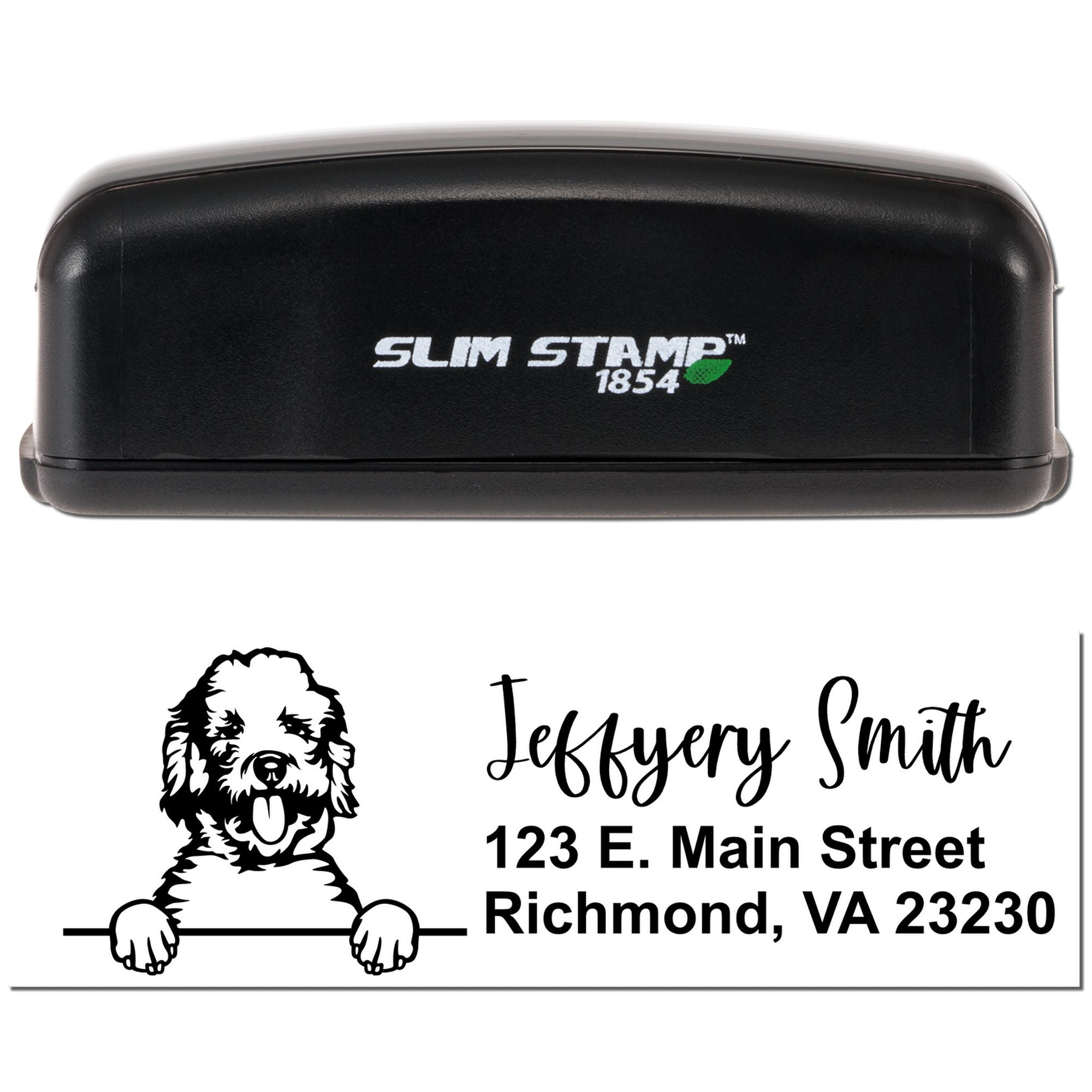 Slim Stamp 1854 custom self-inking rubber stamp with dog address design for personalized mail and home office use.